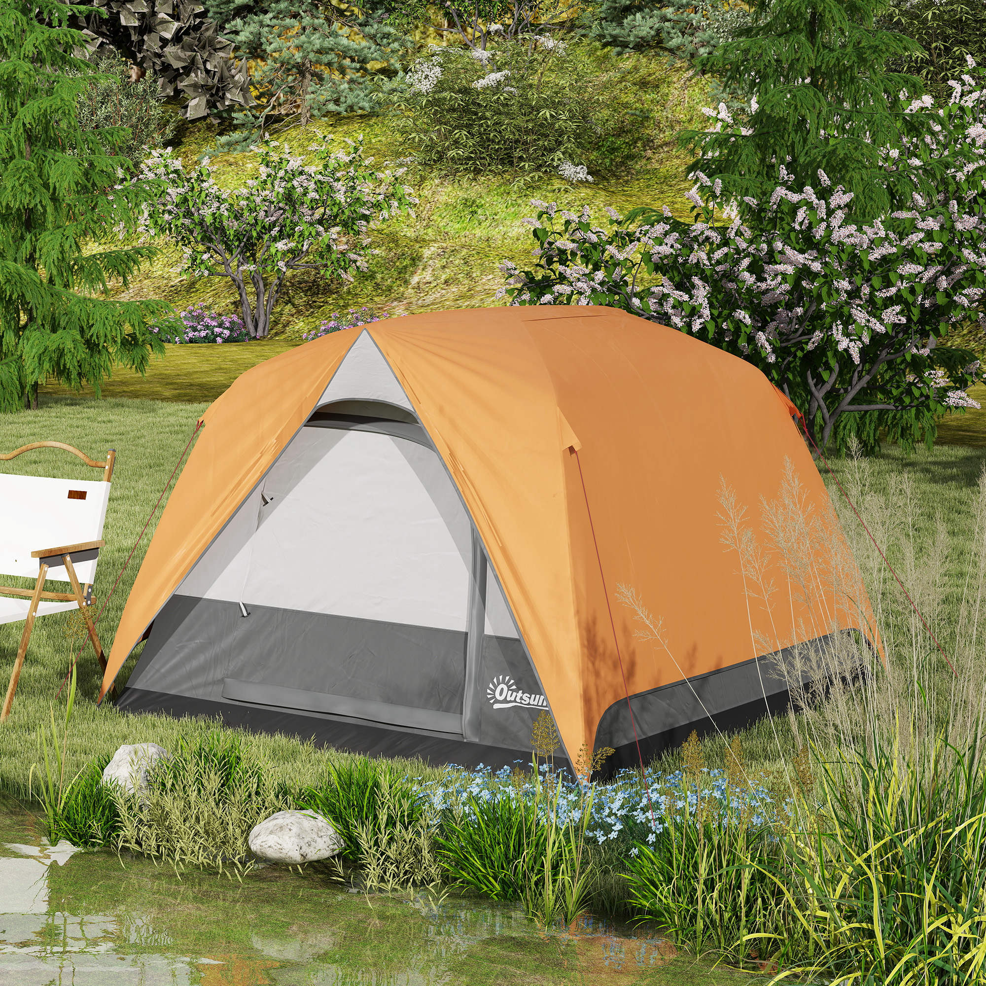 Camping Tent for 2-4 People Foldable Camping Tent with Mesh Door Windows Hook Pocket and Waterproof Carry Bag Easy Installation for Hiking Orange and Gray