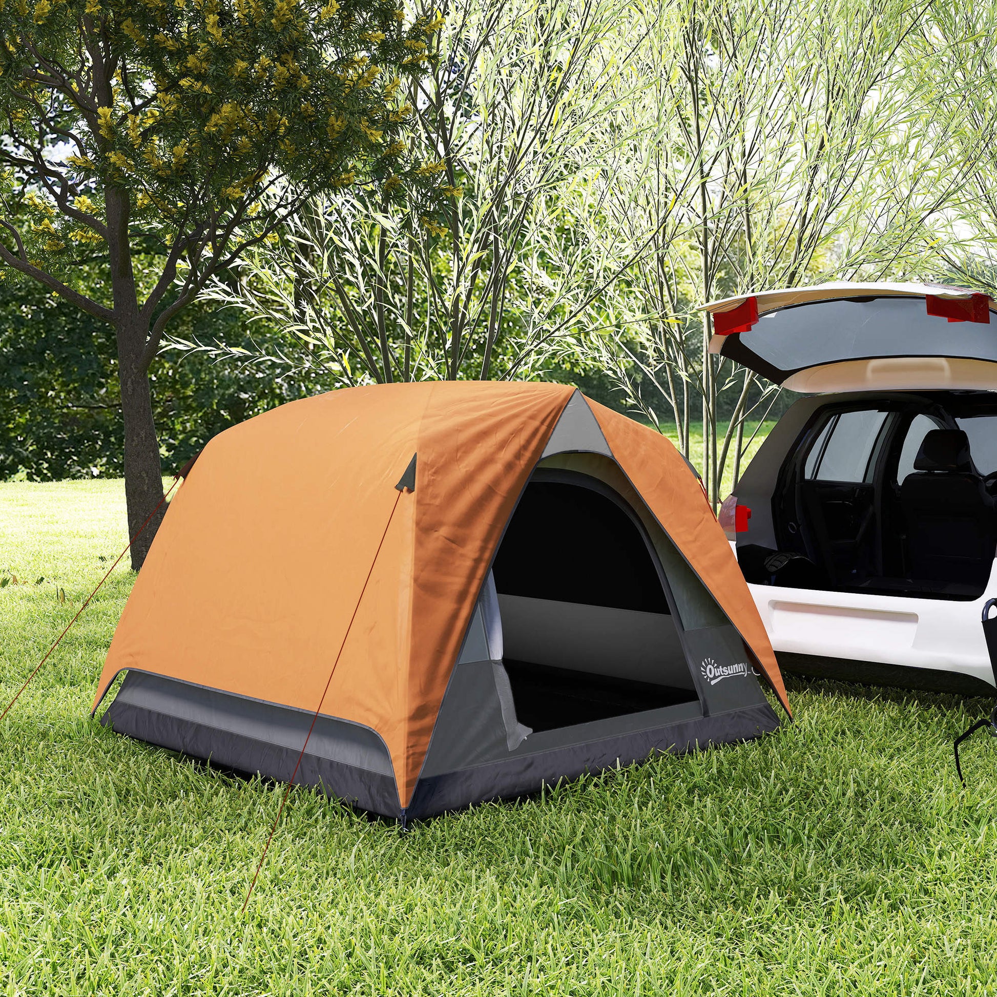 Camping Tent for 2-4 People Foldable Camping Tent with Mesh Door Windows Hook Pocket and Waterproof Carry Bag Easy Installation for Hiking Orange and Gray