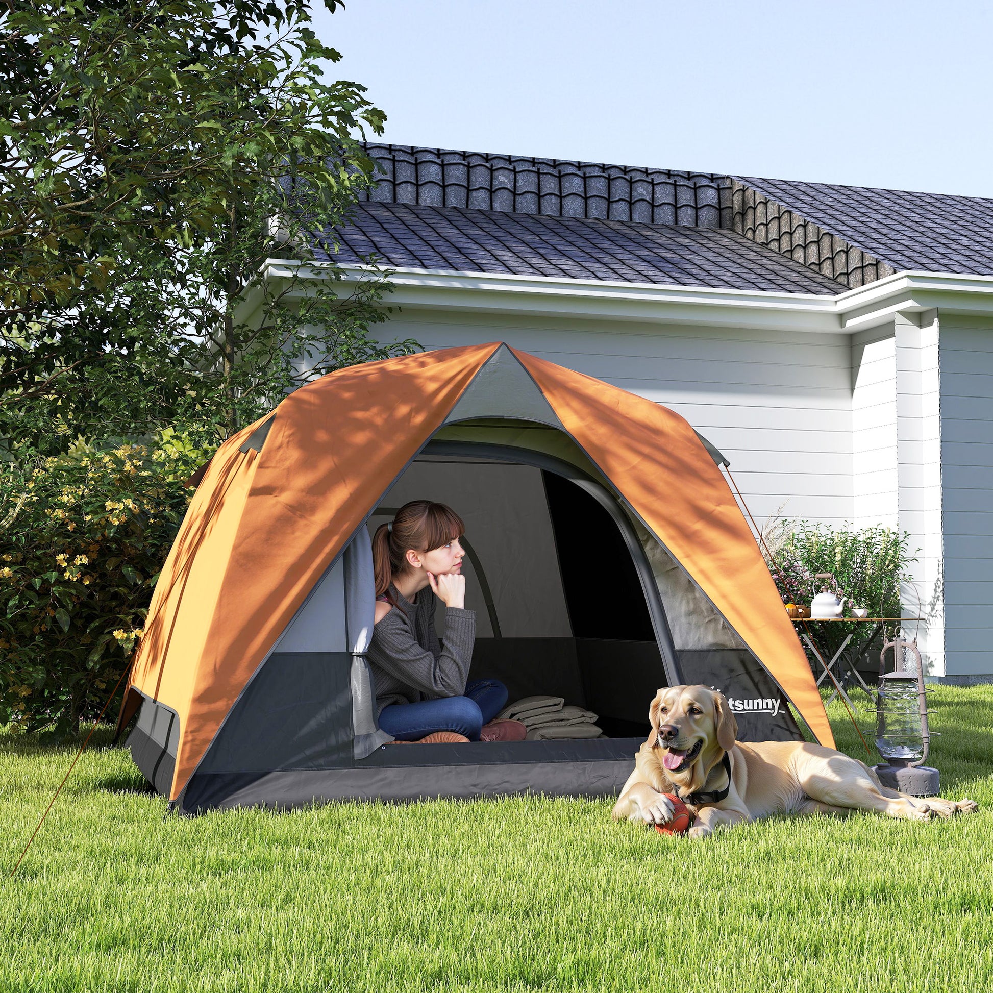 Camping Tent for 2-4 People Foldable Camping Tent with Mesh Door Windows Hook Pocket and Waterproof Carry Bag Easy Installation for Hiking Orange and Gray