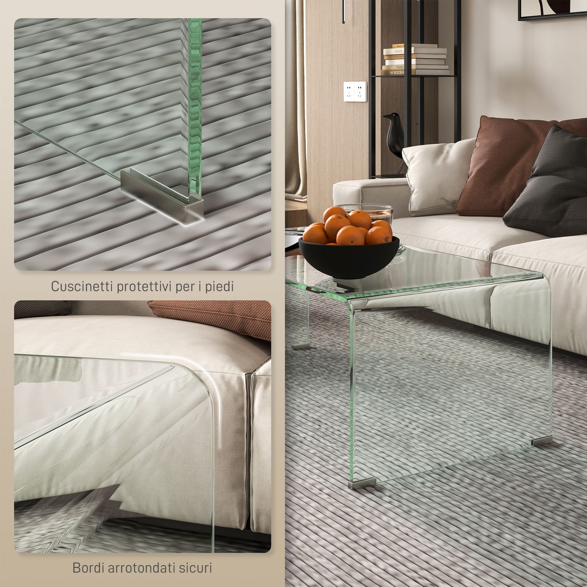 Modern Monobloc Coffee Table with Non-Slip Feet, Tempered Glass Table, 100x50x35 cm, Transparent