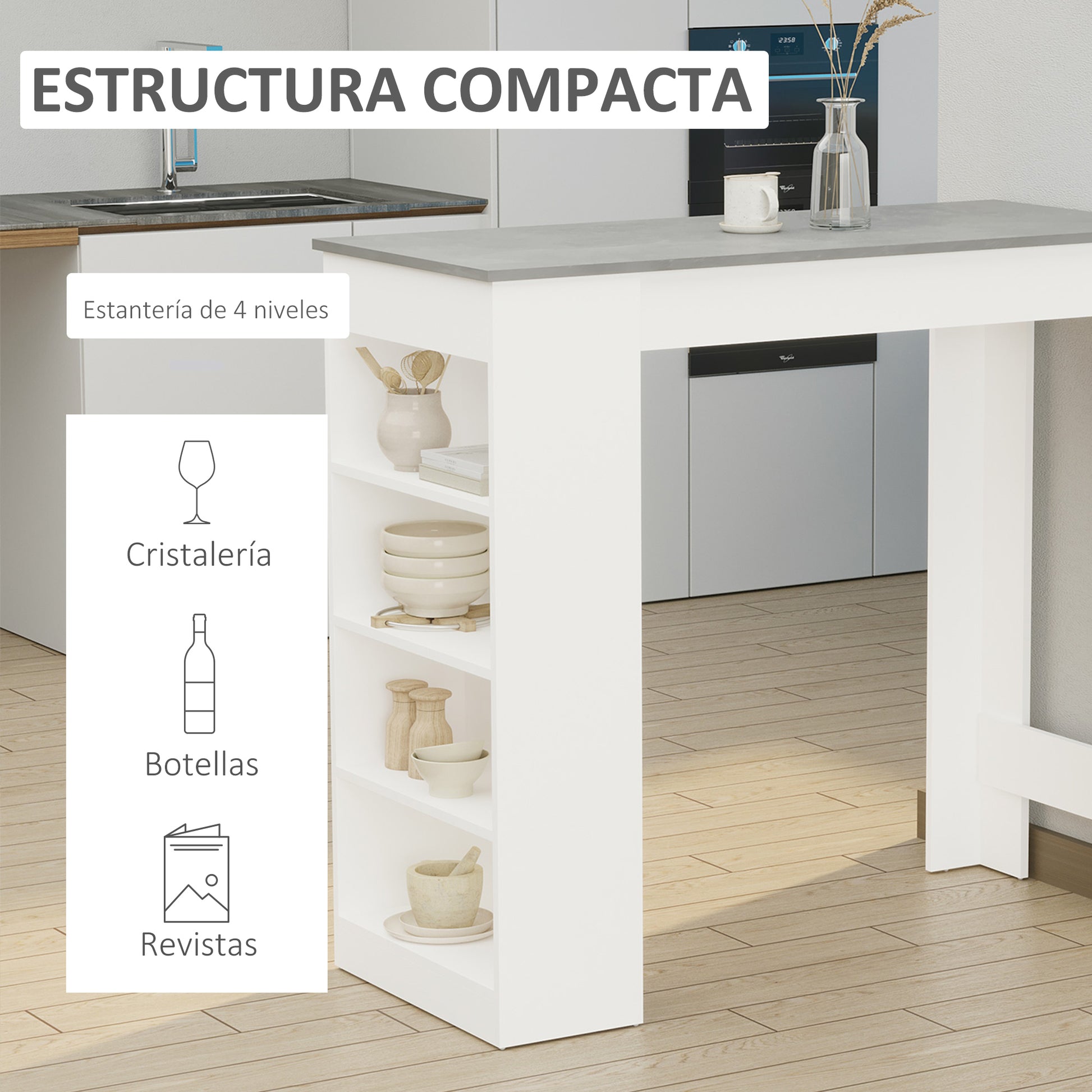 Bar Table High Bistro Table with 4-Tier Shelf Modern Melamine Kitchen Bar Table for Dining Room Living Room 115x50x102.7 cm White and Gray