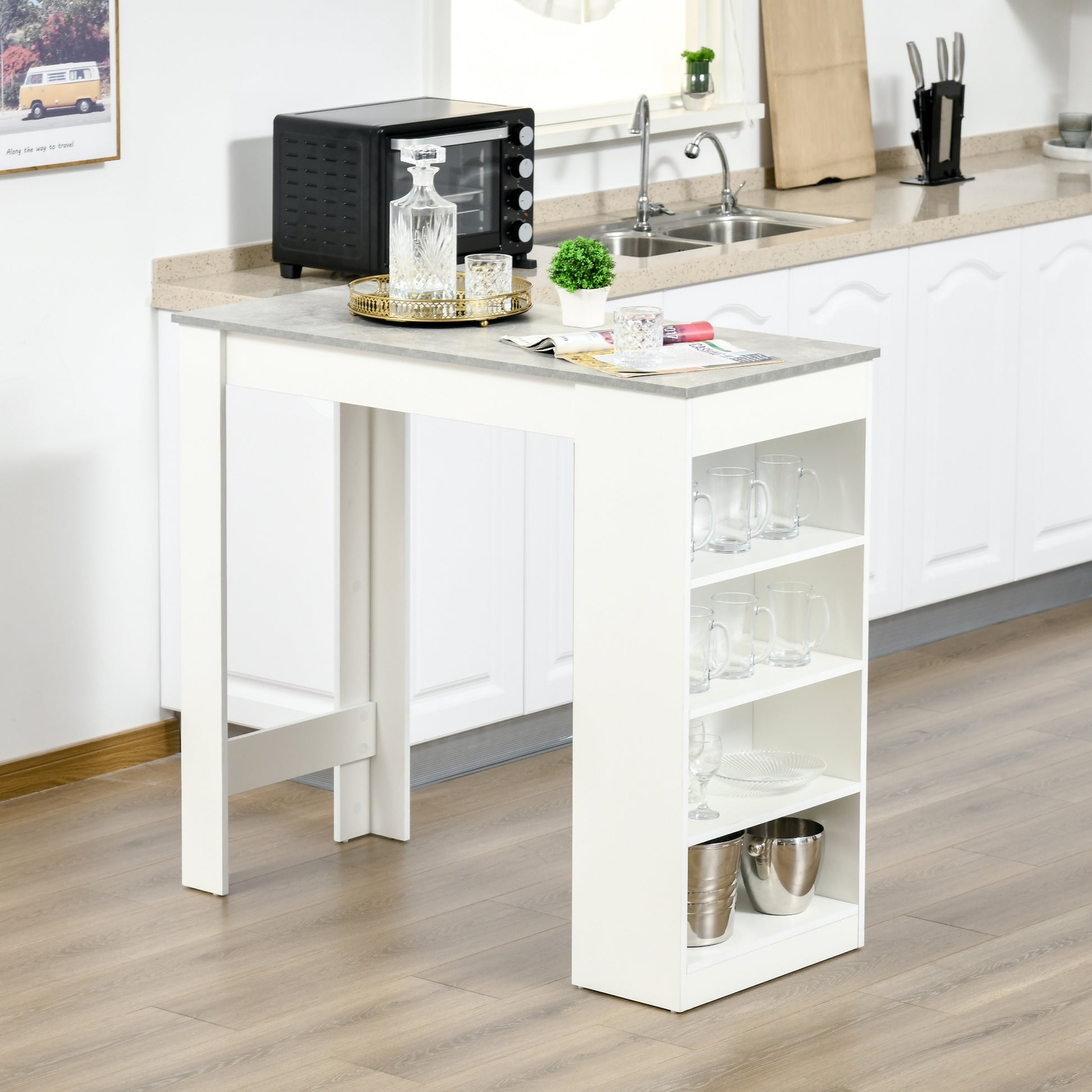 Bar Table High Bistro Table with 4-Tier Shelf Modern Melamine Kitchen Bar Table for Dining Room Living Room 115x50x102.7 cm White and Gray