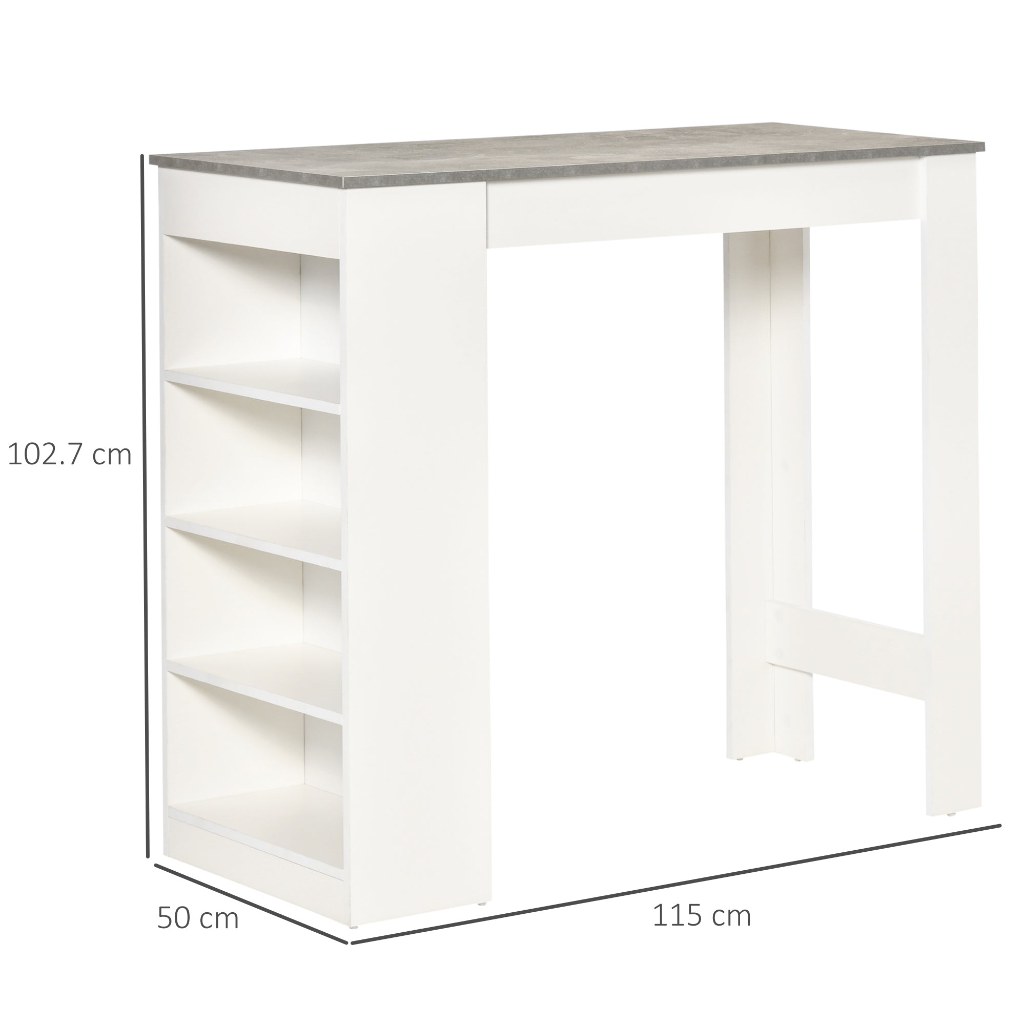Bar Table High Bistro Table with 4-Tier Shelf Modern Melamine Kitchen Bar Table for Dining Room Living Room 115x50x102.7 cm White and Gray