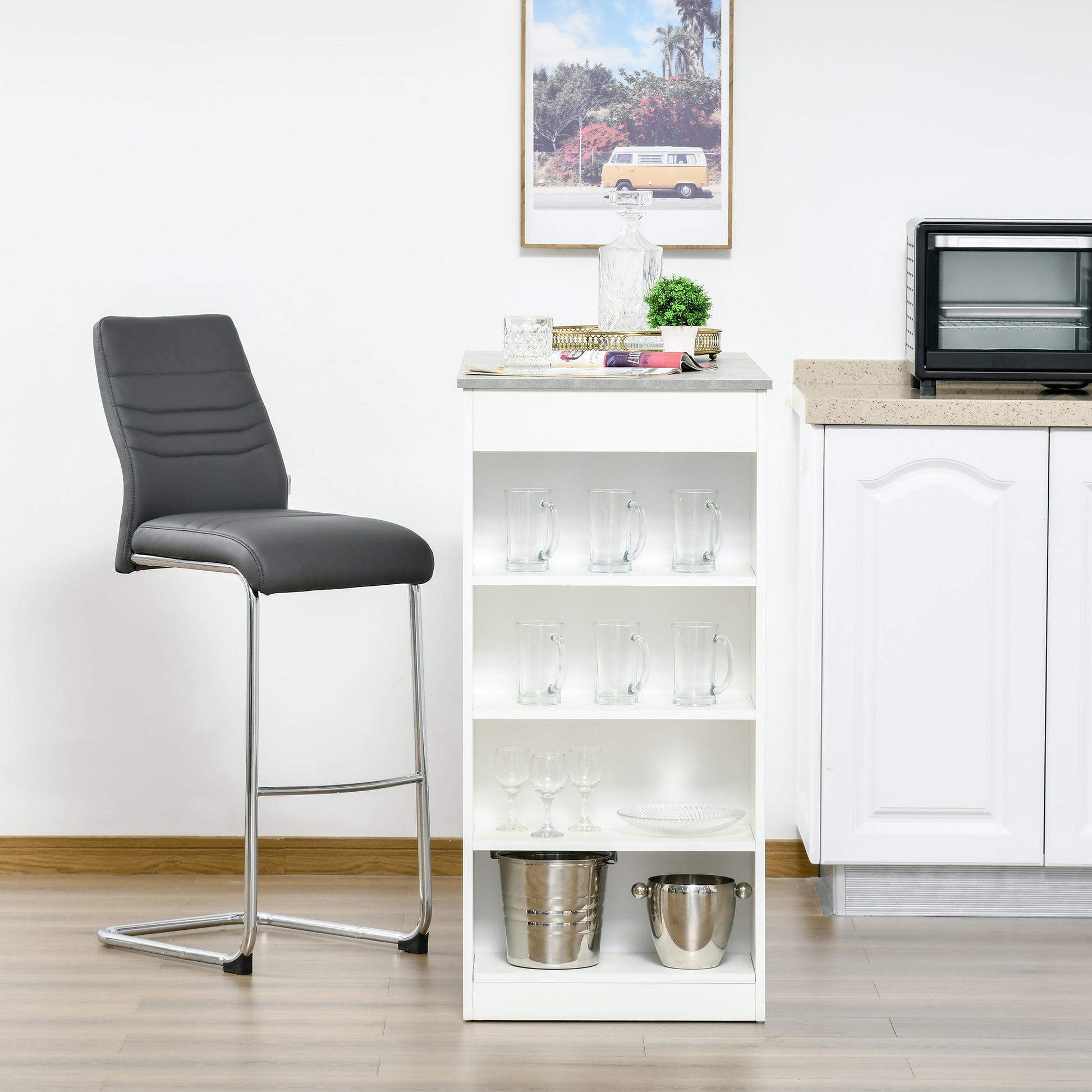 Bar Table High Bistro Table with 4-Tier Shelf Modern Melamine Kitchen Bar Table for Dining Room Living Room 115x50x102.7 cm White and Gray
