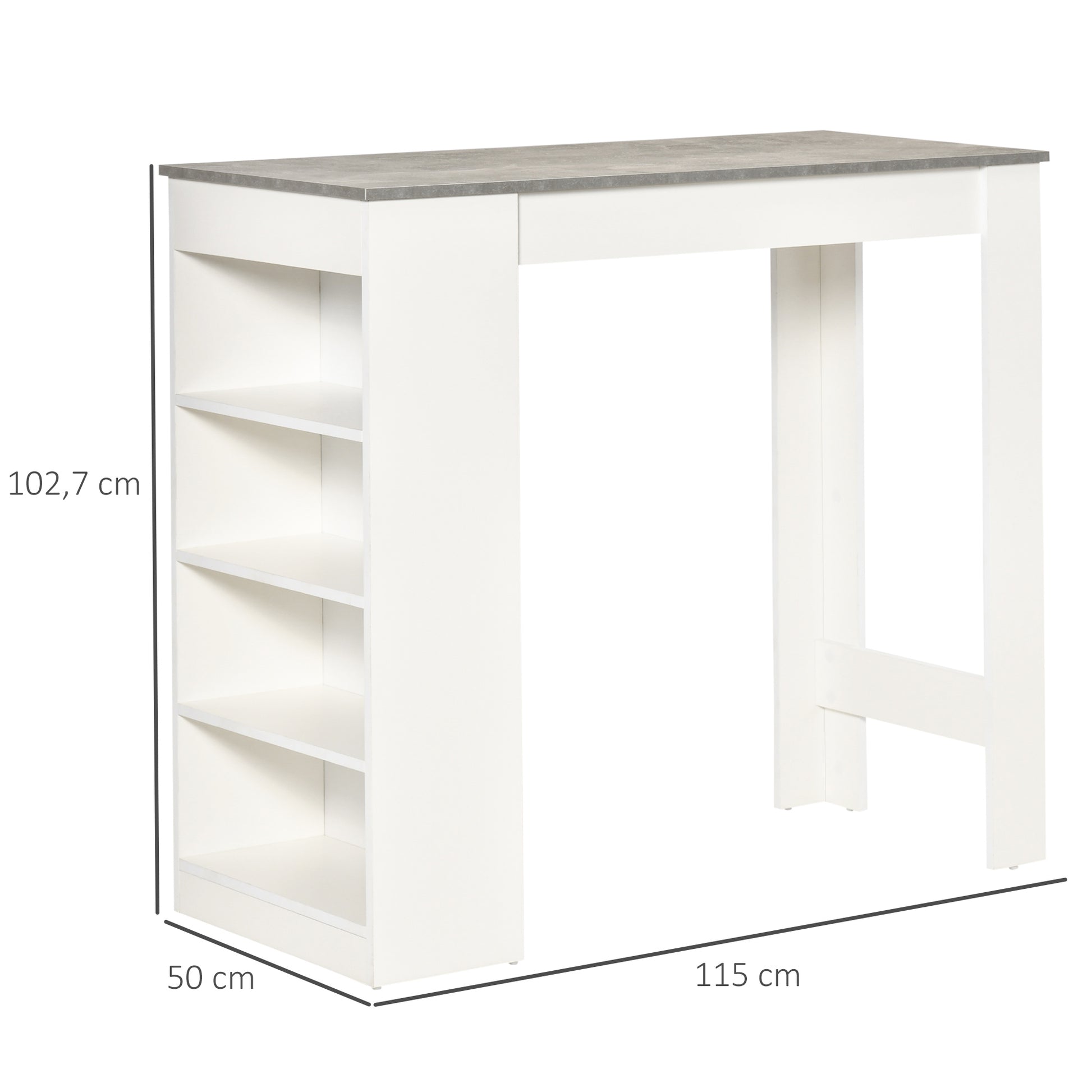 Bar Table High Bistro Table with 4-Tier Shelf Modern Melamine Kitchen Bar Table for Dining Room Living Room 115x50x102.7 cm White and Gray