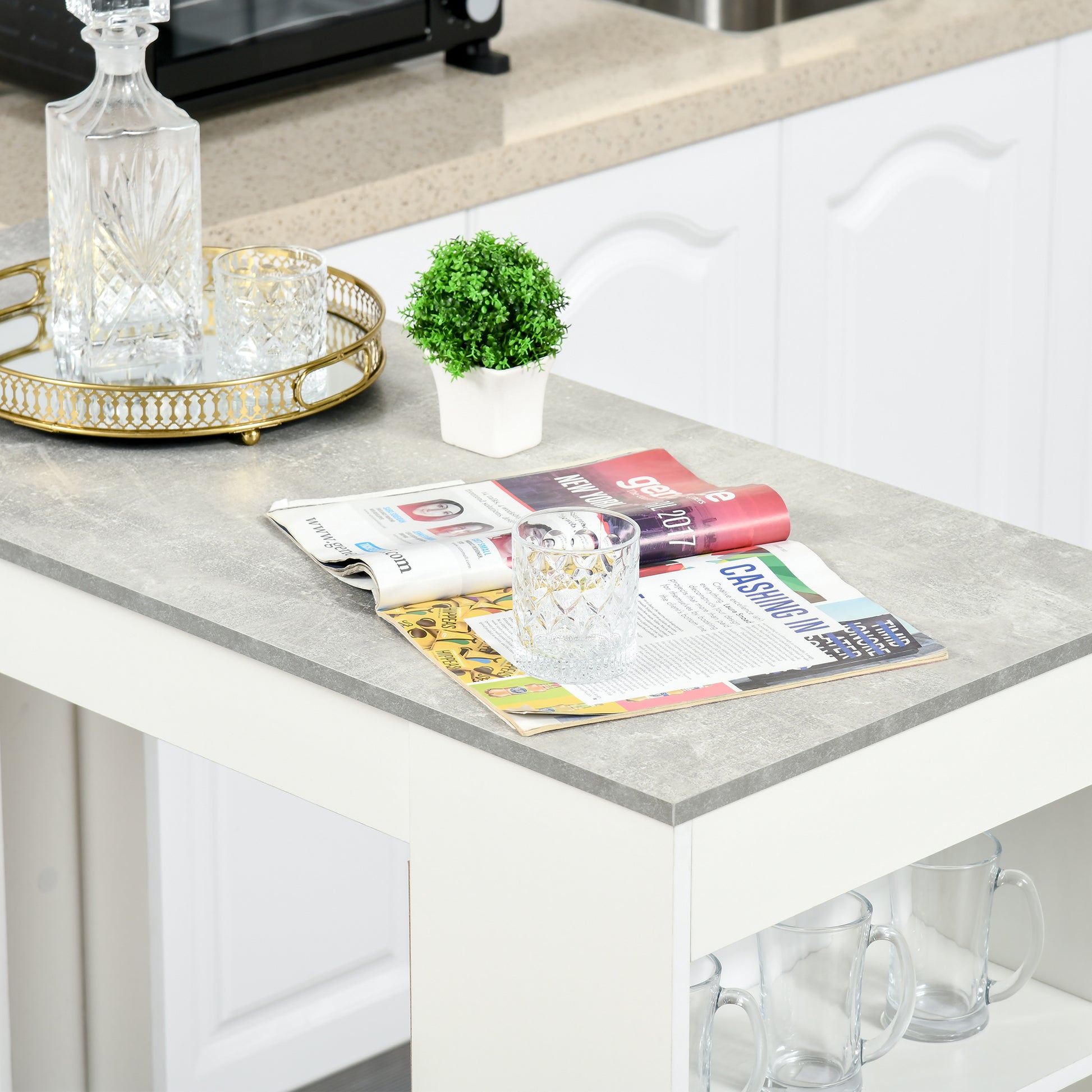 Bar Table High Bistro Table with 4-Tier Shelf Modern Melamine Kitchen Bar Table for Dining Room Living Room 115x50x102.7 cm White and Gray
