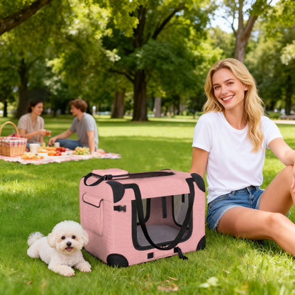 Foldable Pet Carrier, 60 x 41.5 x 41 cm (23.6 x 16.3 x 16.1 in), Mesh Windows, Soft Cushion, 2 Handles, Travel Bag for Mini Dogs & Cats, Pink