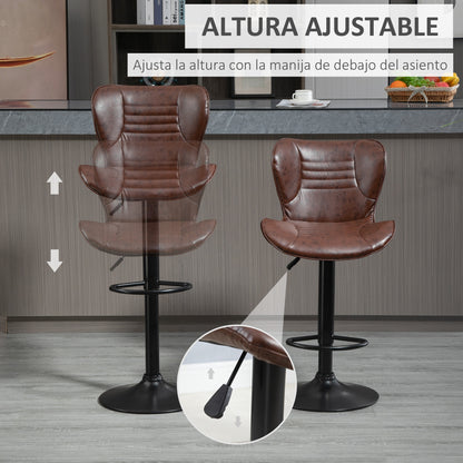 Set of 2 Bar Stools Upholstered in Faux Leather High Dining Stools Adjustable Height Swivel with Backrest and Footrest 46.5x54x88-108 cm Brown