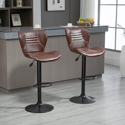 Set of 2 Bar Stools Upholstered in Faux Leather High Dining Stools Adjustable Height Swivel with Backrest and Footrest 46.5x54x88-108 cm Brown