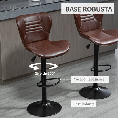 Set of 2 Bar Stools Upholstered in Faux Leather High Dining Stools Adjustable Height Swivel with Backrest and Footrest 46.5x54x88-108 cm Brown