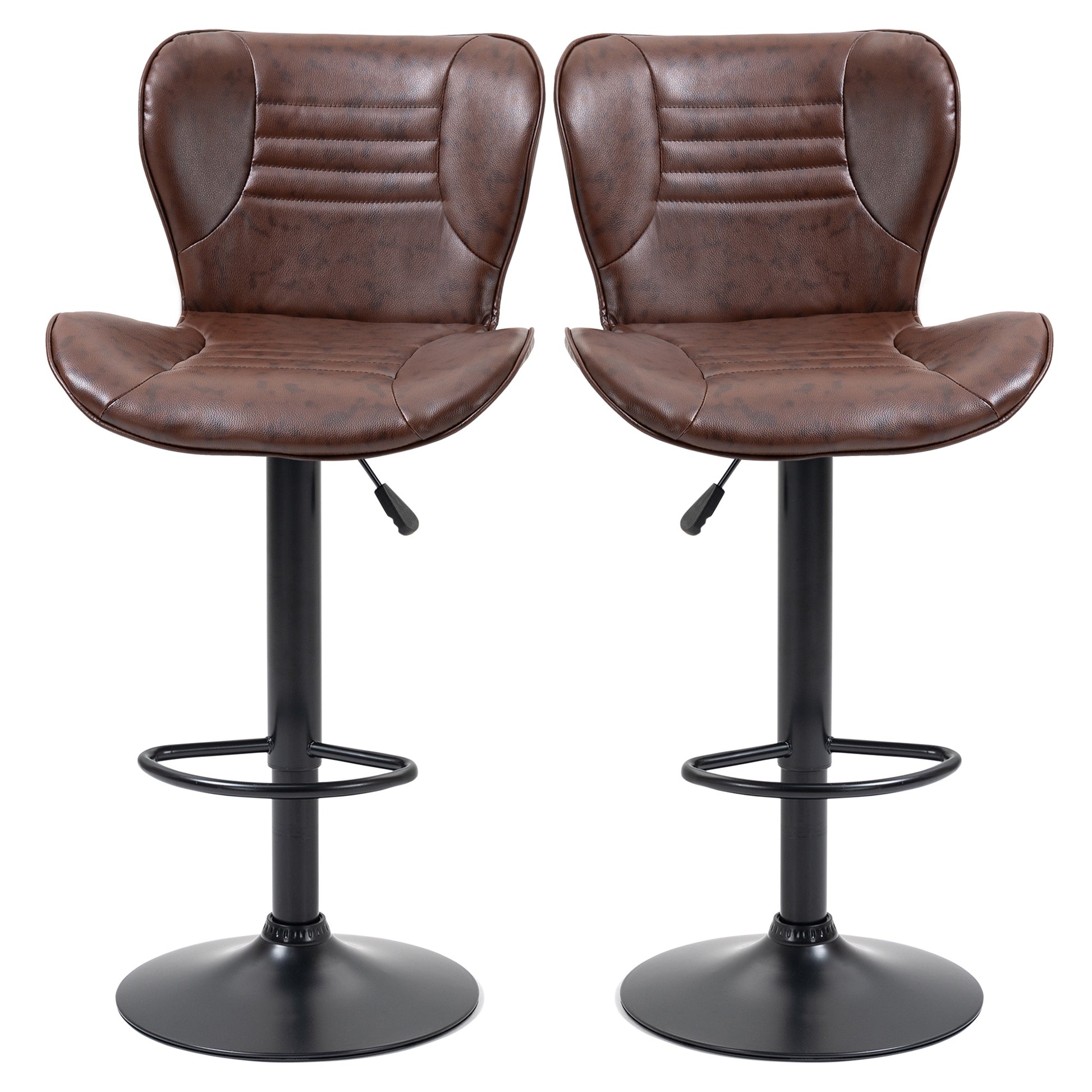 Set of 2 Bar Stools Upholstered in Faux Leather High Dining Stools Adjustable Height Swivel with Backrest and Footrest 46.5x54x88-108 cm Brown
