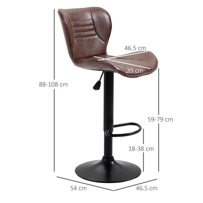 Set of 2 Bar Stools Upholstered in Faux Leather High Dining Stools Adjustable Height Swivel with Backrest and Footrest 46.5x54x88-108 cm Brown