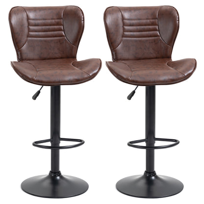 Set of 2 Bar Stools Upholstered in Faux Leather High Dining Stools Adjustable Height Swivel with Backrest and Footrest 46.5x54x88-108 cm Brown