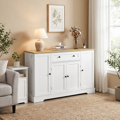 Sideboard Kitchen Cabinet with 4 Doors & Drawer, Adjustable Shelves, Door Racks Buffet Cabinet for Kitchen, Dining Room, Living Room, 138 x 40 x 85 cm (54.3" x 15.7" x 33.5"), White