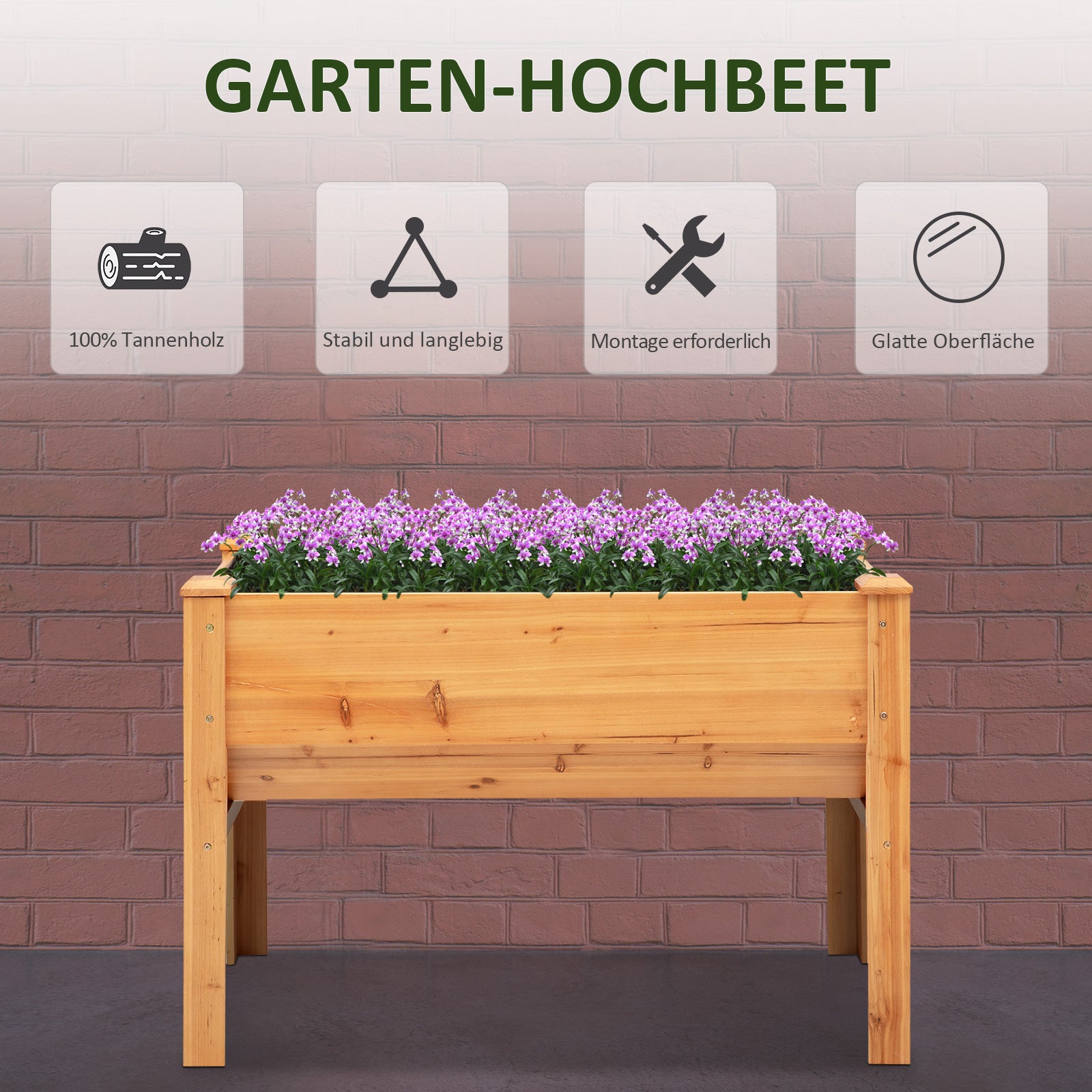 Wooden Raised Planter Box Herb Planter Flower Pot with Drainage Hole Hooks Planter Box with Feet Solid Wood Natural 120 x 60 x 81 cm