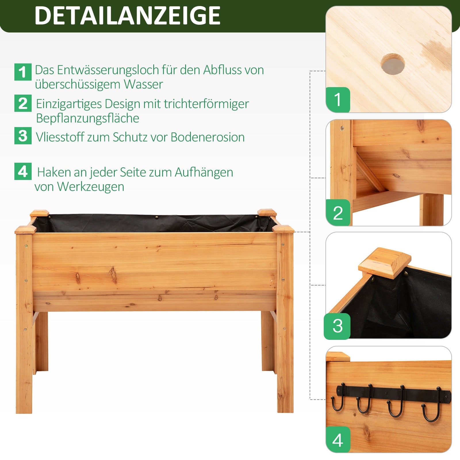 Wooden Raised Planter Box Herb Planter Flower Pot with Drainage Hole Hooks Planter Box with Feet Solid Wood Natural 120 x 60 x 81 cm