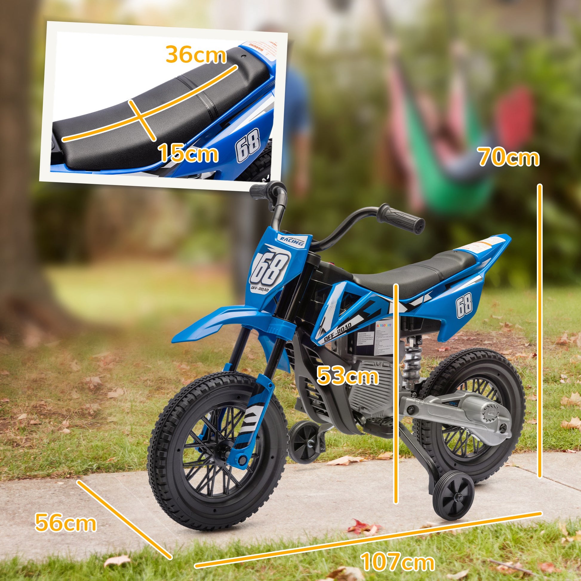 Children's Electric Motorcycle, 12V Kid's Bike with Music, Kids Vehicle with Removable Training Wheels, 2.4-5 km/h, for 3-6 Years Old Kids, max. 30 kg, Blue