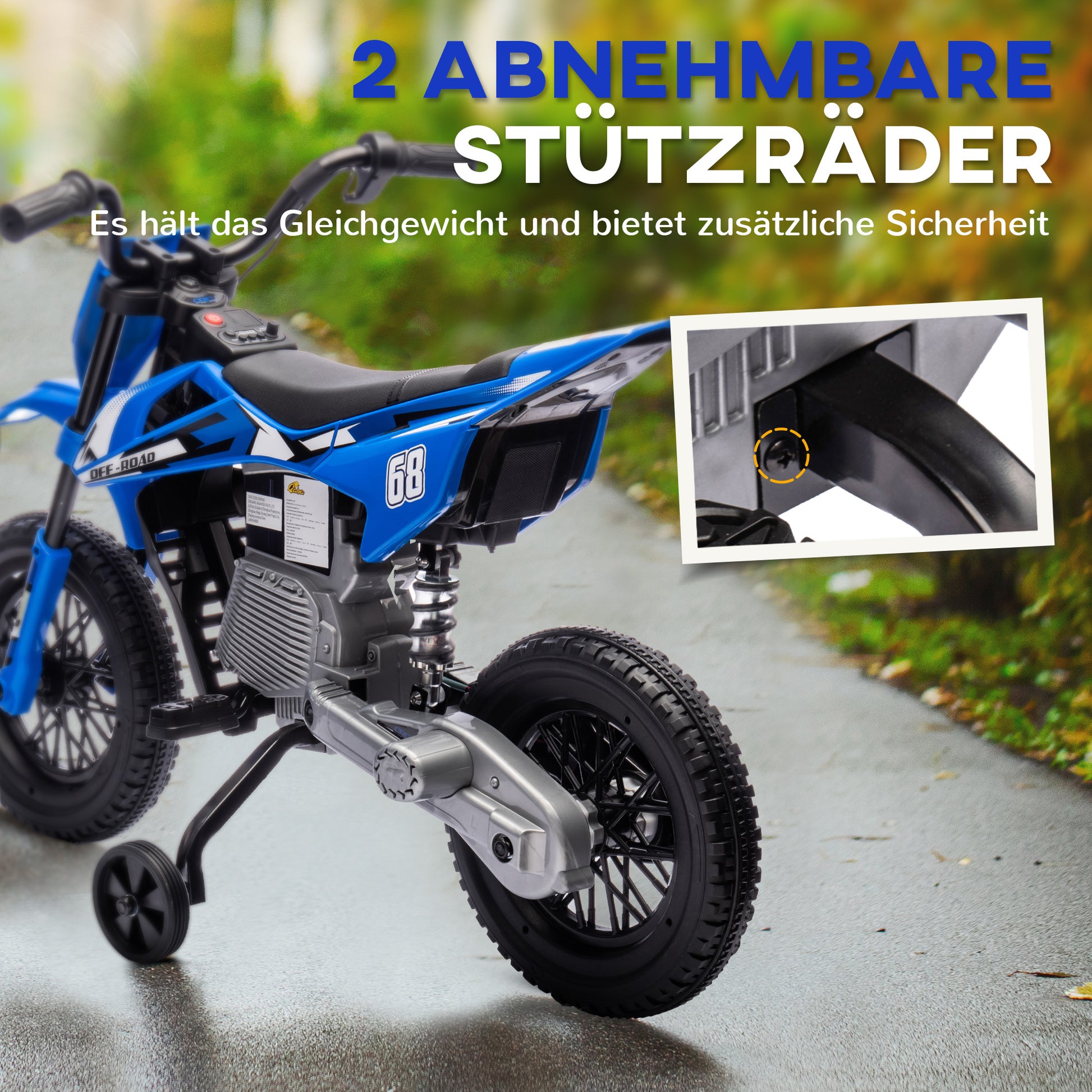 Children's Electric Motorcycle, 12V Kid's Bike with Music, Kids Vehicle with Removable Training Wheels, 2.4-5 km/h, for 3-6 Years Old Kids, max. 30 kg, Blue