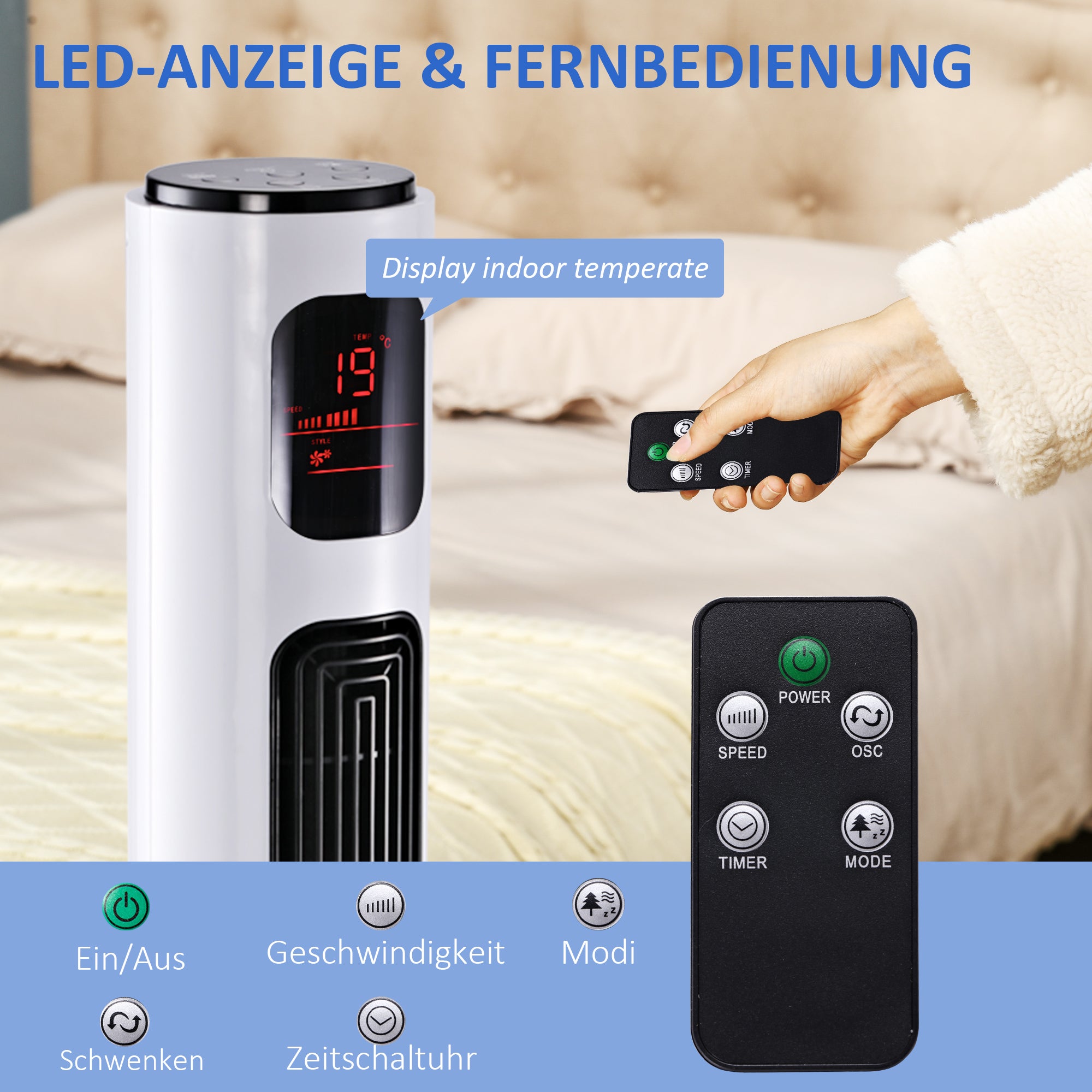Tower Fan with Remote Control 70° Oscillating 96 cm Pedestal Fan Column Fan 45 W with 3 Modes Timer White+Black