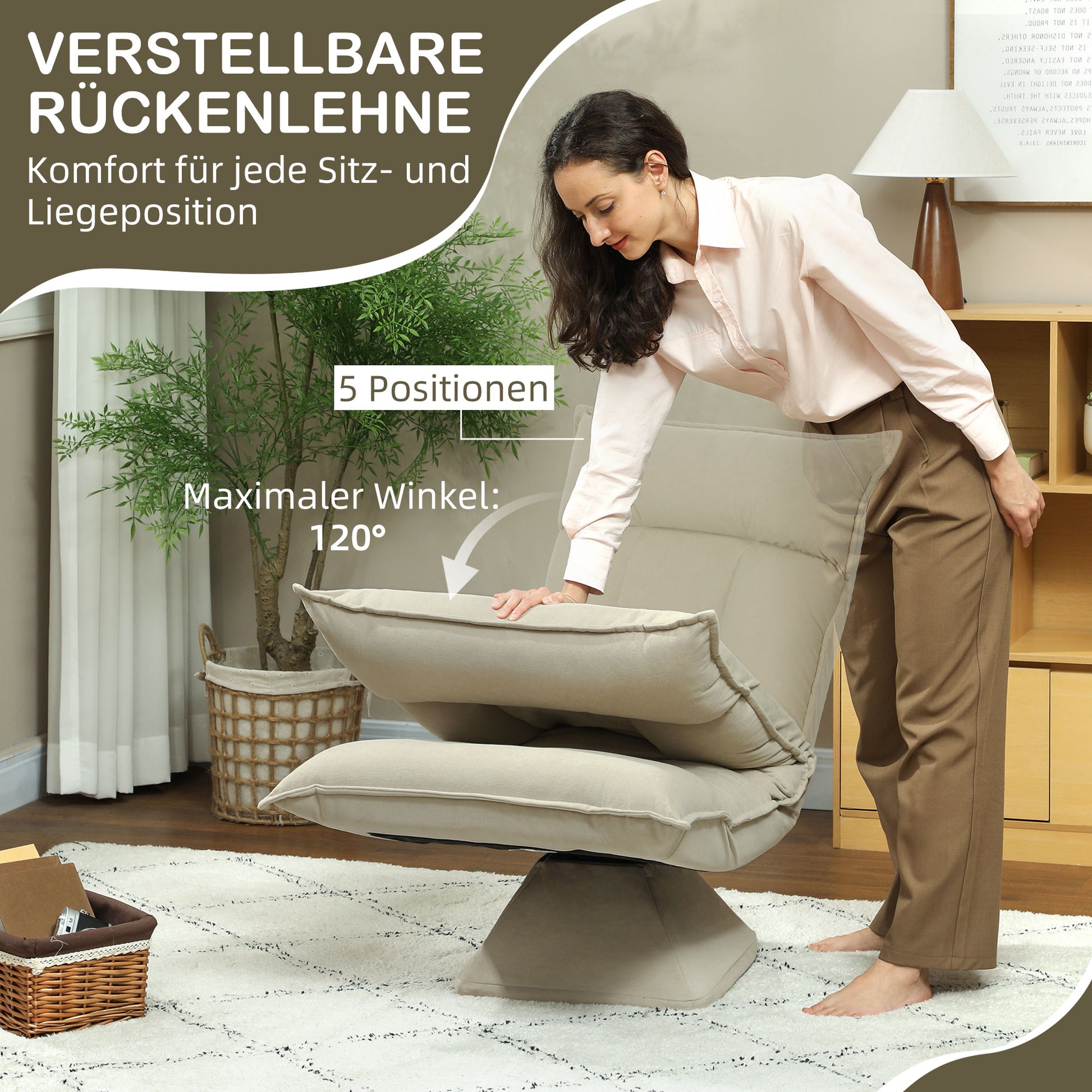 Floor Chair 360° Swivel Floor Seat with 5-Position Reclining Backrest, Foldable Floor Sofa Meditation Chair Padded Lazy Sofa for Living Room Gaming & Reading Beige