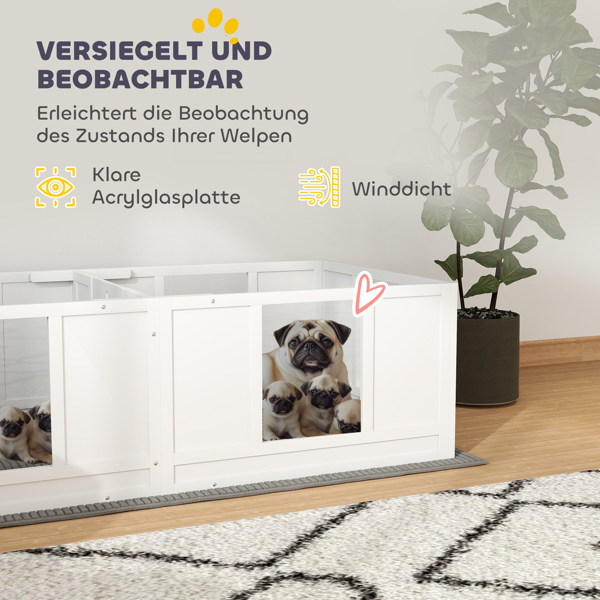Puppy Whelping Box, Puppy Playpen with 2-Room Design, Dog Playpen with Door Puppy Whelping Box, Puppy Playpen for Small Dogs, 164x80x48 cm, White