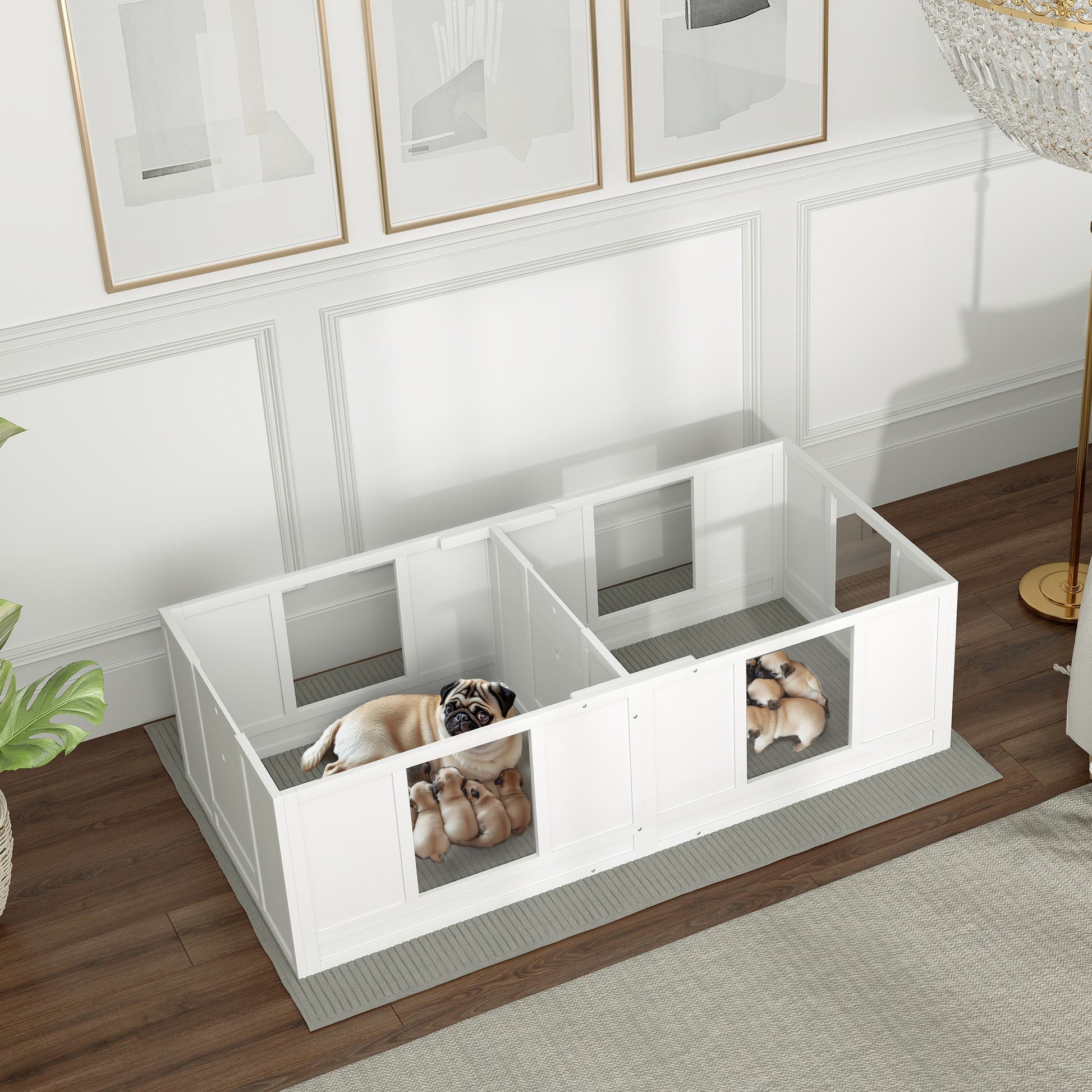 Puppy Whelping Box, Puppy Playpen with 2-Room Design, Dog Playpen with Door Puppy Whelping Box, Puppy Playpen for Small Dogs, 164x80x48 cm, White