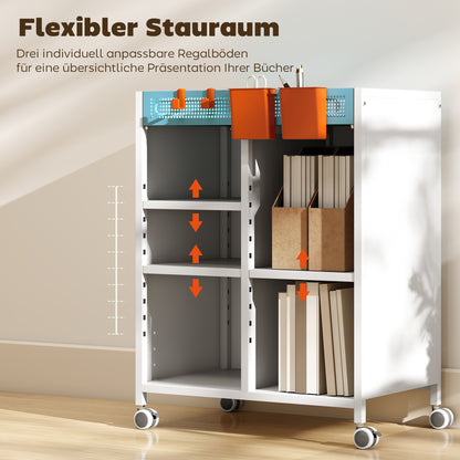 4-Tier Rolling Bookshelf Cart with Adjustable Shelves, Hanging Baskets & Hooks — White