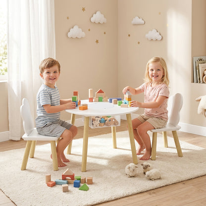 Kids Cloud Table with 2 Chairs, Wooden Set with Storage Bag for Drawing, Play, Study — Gift for Ages 3–6, Playroom, Nursery, White