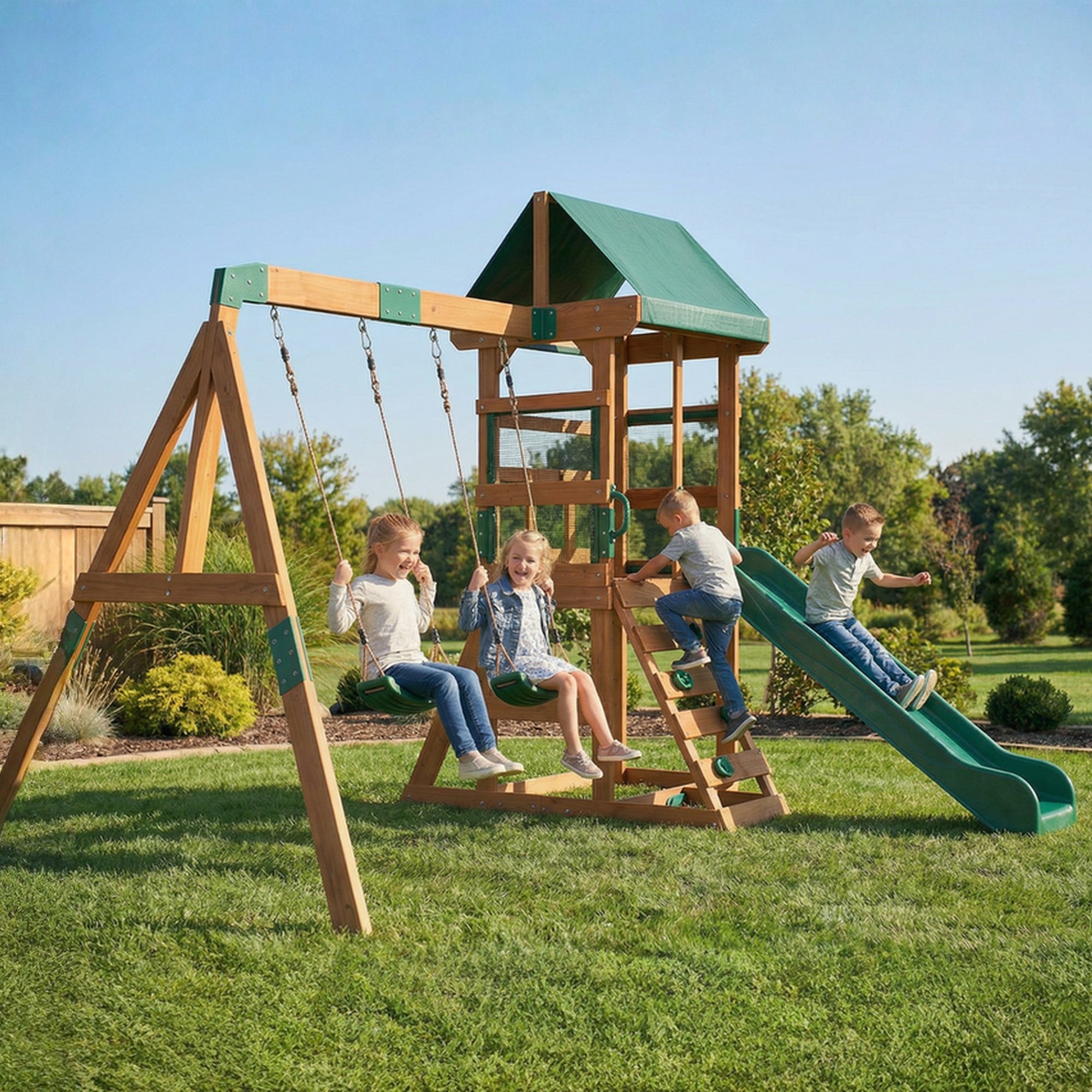 Spielturm Klettergerüst Schaukelgestell mit 194,5cm Rutsche, 2 Schaukeln, Kletterwand, überdachtem Oberdeck Outdoor Kinder Kletterturm aus Holz Spielhaus für 3-8 Jahre Kinder 315x284x233 cm