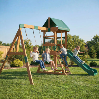 Spielturm Klettergerüst Schaukelgestell mit 194,5cm Rutsche, 2 Schaukeln, Kletterwand, überdachtem Oberdeck Outdoor Kinder Kletterturm aus Holz Spielhaus für 3-8 Jahre Kinder 315x284x233 cm
