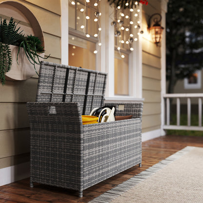Outdoor Resin Wicker Storage Bench, 250L Storage Bench with Removable Cushion, for Garden, Balcony, Patio, 125 x 55 x 70 cm, Cream and Gray