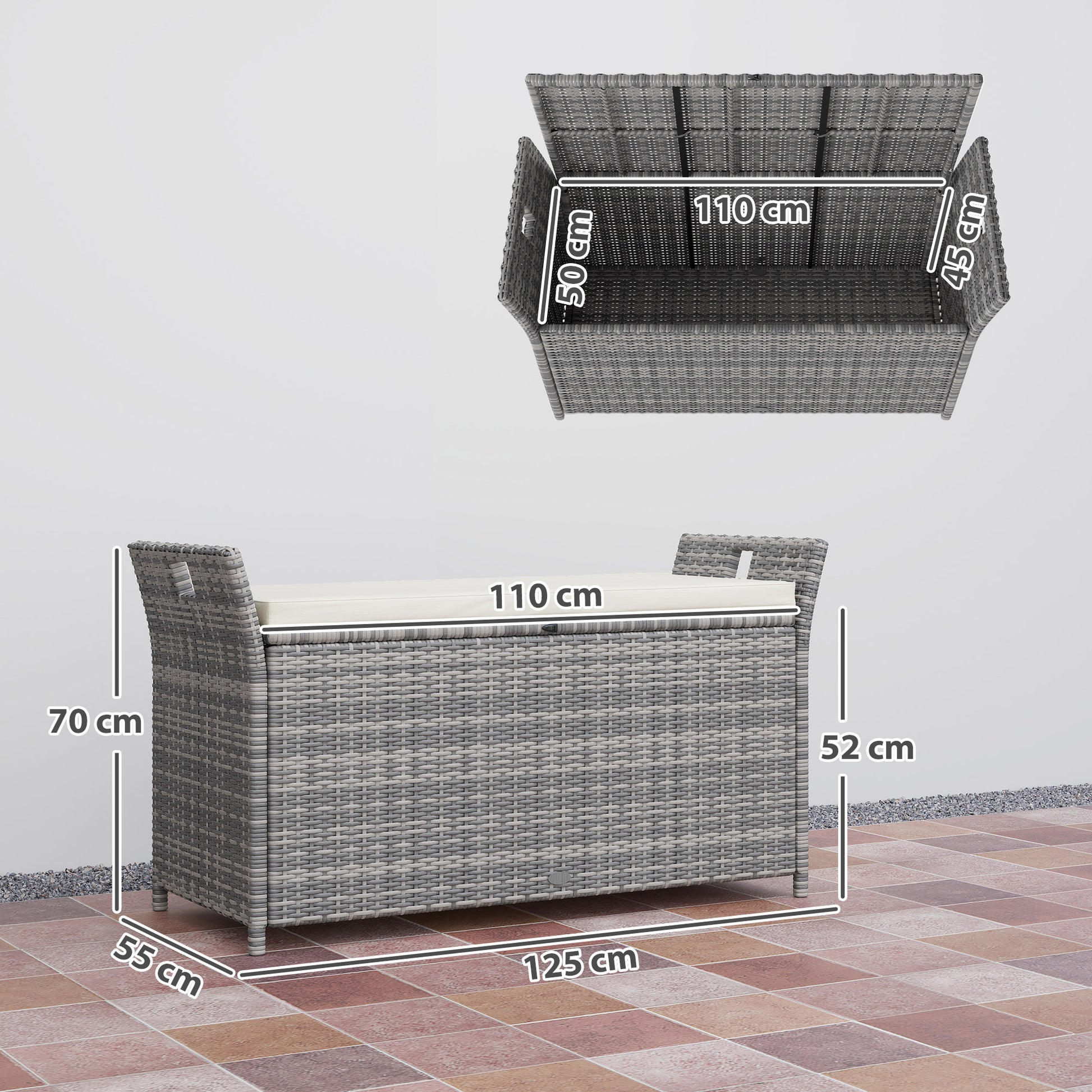 Outdoor Resin Wicker Storage Bench, 250L Storage Bench with Removable Cushion, for Garden, Balcony, Patio, 125 x 55 x 70 cm, Cream and Gray