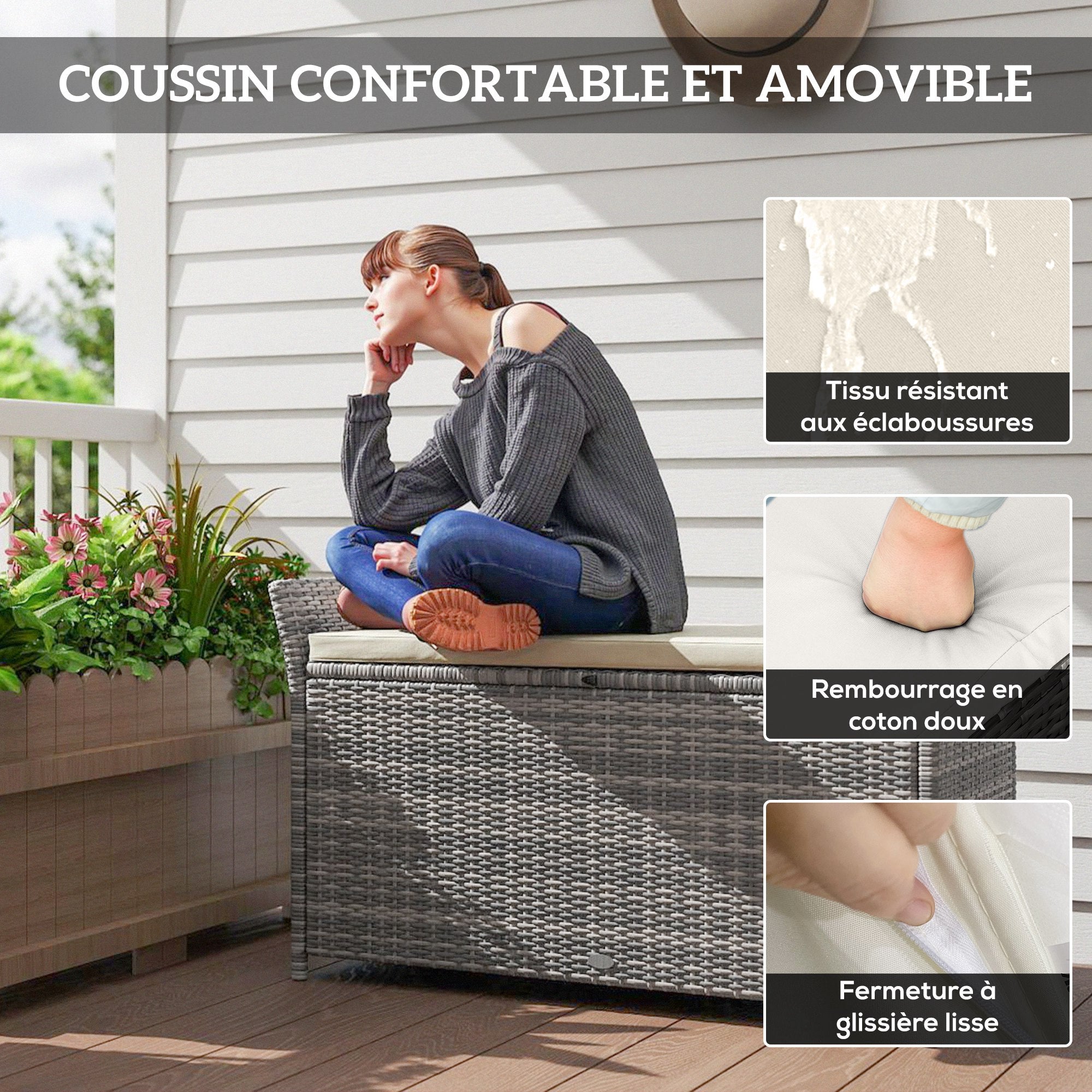 Outdoor Resin Wicker Storage Bench, 250L Storage Bench with Removable Cushion, for Garden, Balcony, Patio, 125 x 55 x 70 cm, Cream and Gray
