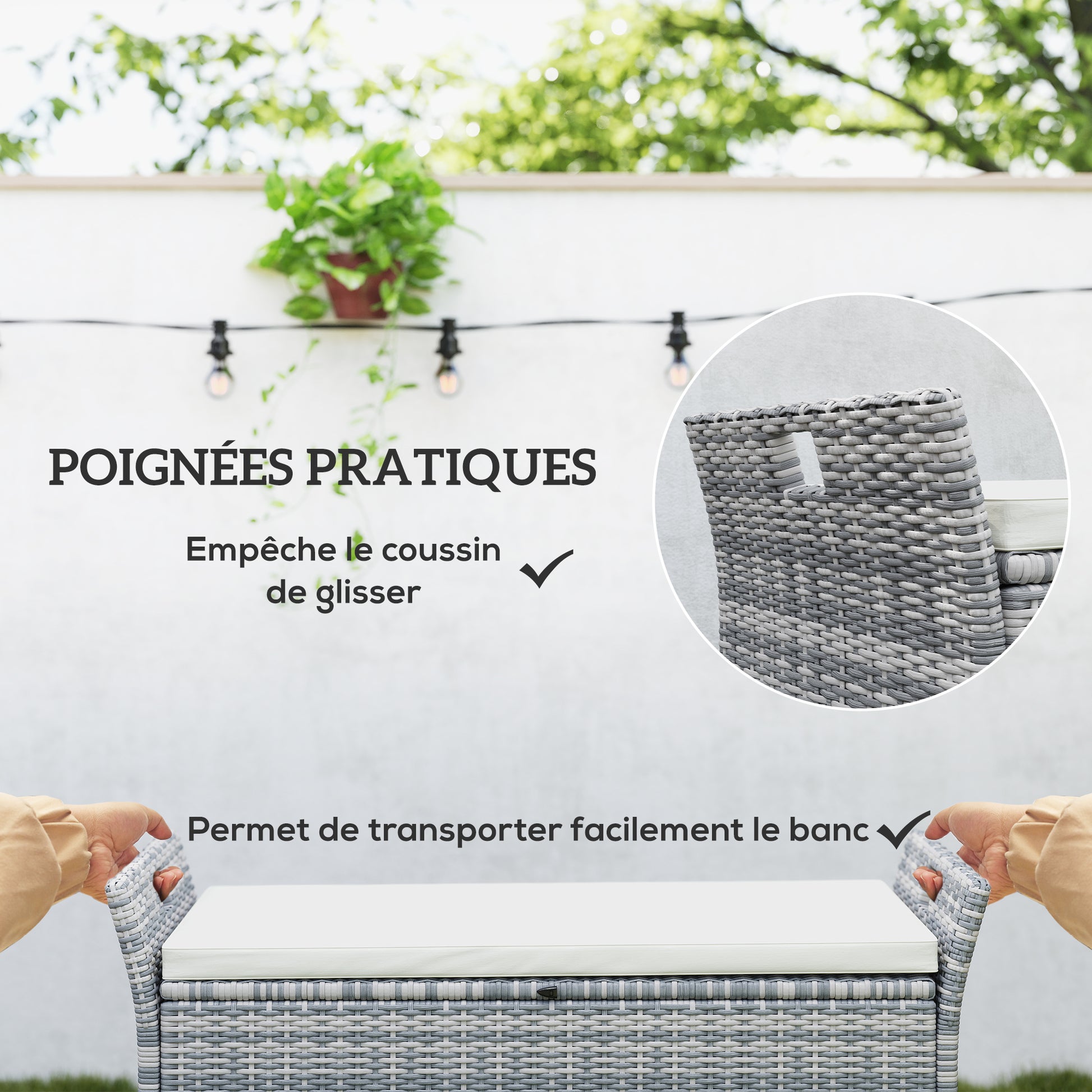Outdoor Resin Wicker Storage Bench, 250L Storage Bench with Removable Cushion, for Garden, Balcony, Patio, 125 x 55 x 70 cm, Cream and Gray