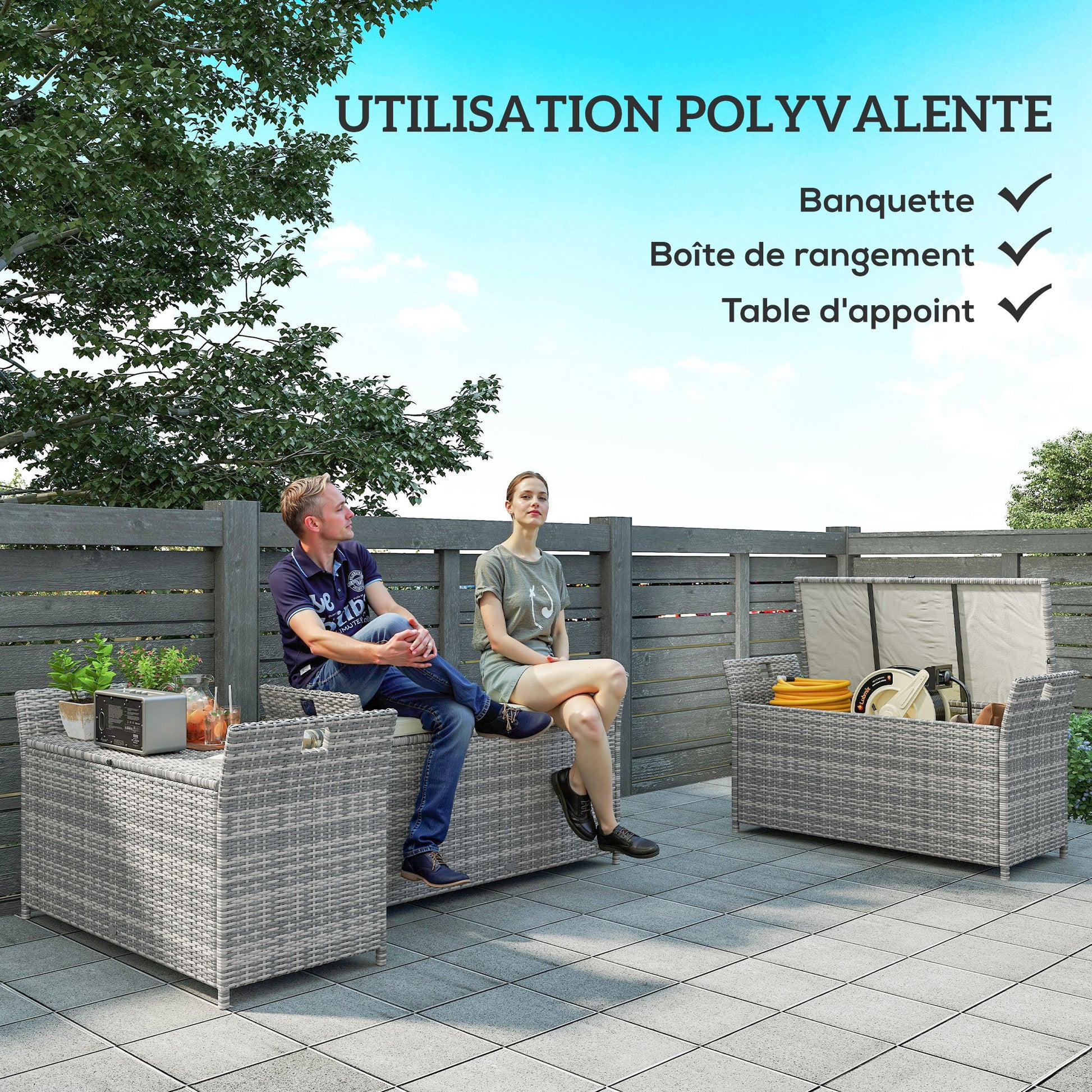Outdoor Resin Wicker Storage Bench, 250L Storage Bench with Removable Cushion, for Garden, Balcony, Patio, 125 x 55 x 70 cm, Cream and Gray