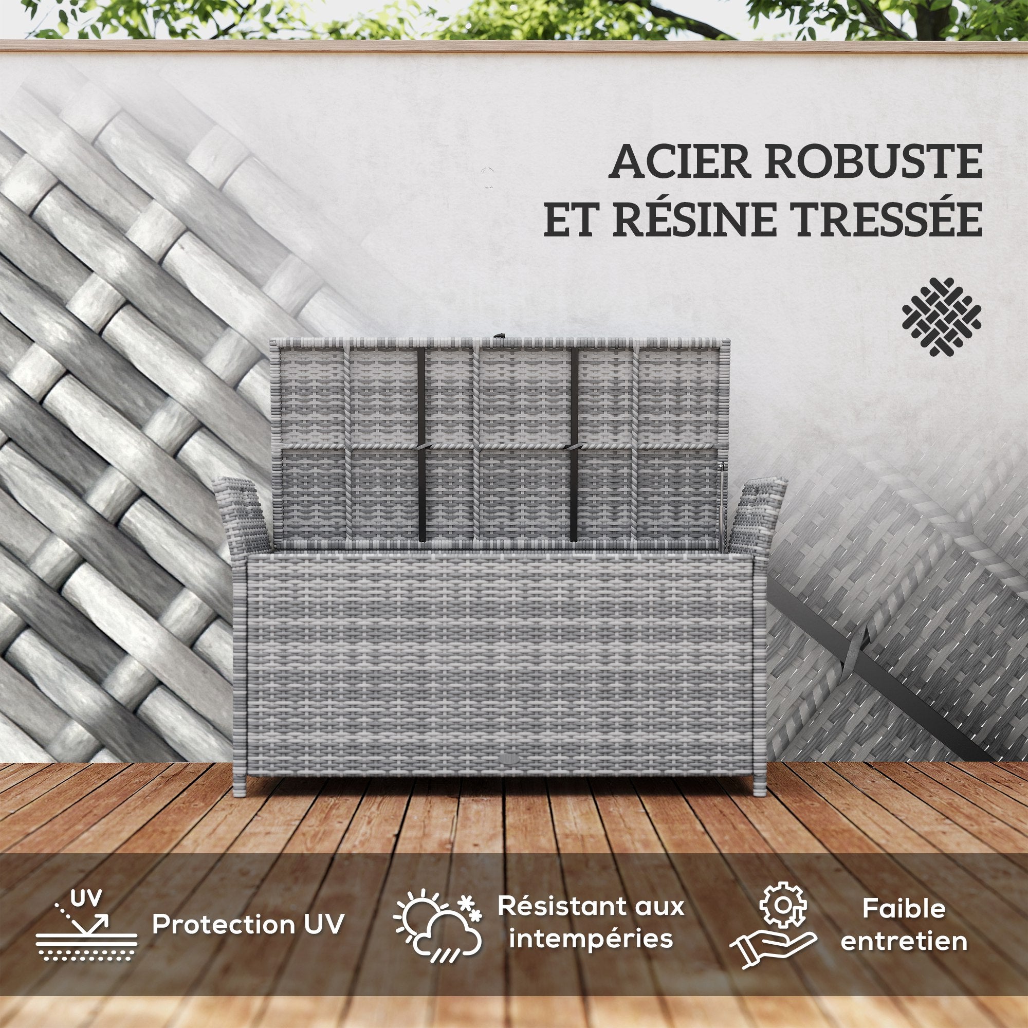 Outdoor Resin Wicker Storage Bench, 250L Storage Bench with Removable Cushion, for Garden, Balcony, Patio, 125 x 55 x 70 cm, Cream and Gray