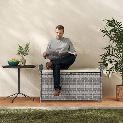 Outdoor Resin Wicker Storage Bench, 250L Storage Bench with Removable Cushion, for Garden, Balcony, Patio, 125 x 55 x 70 cm, Cream and Gray