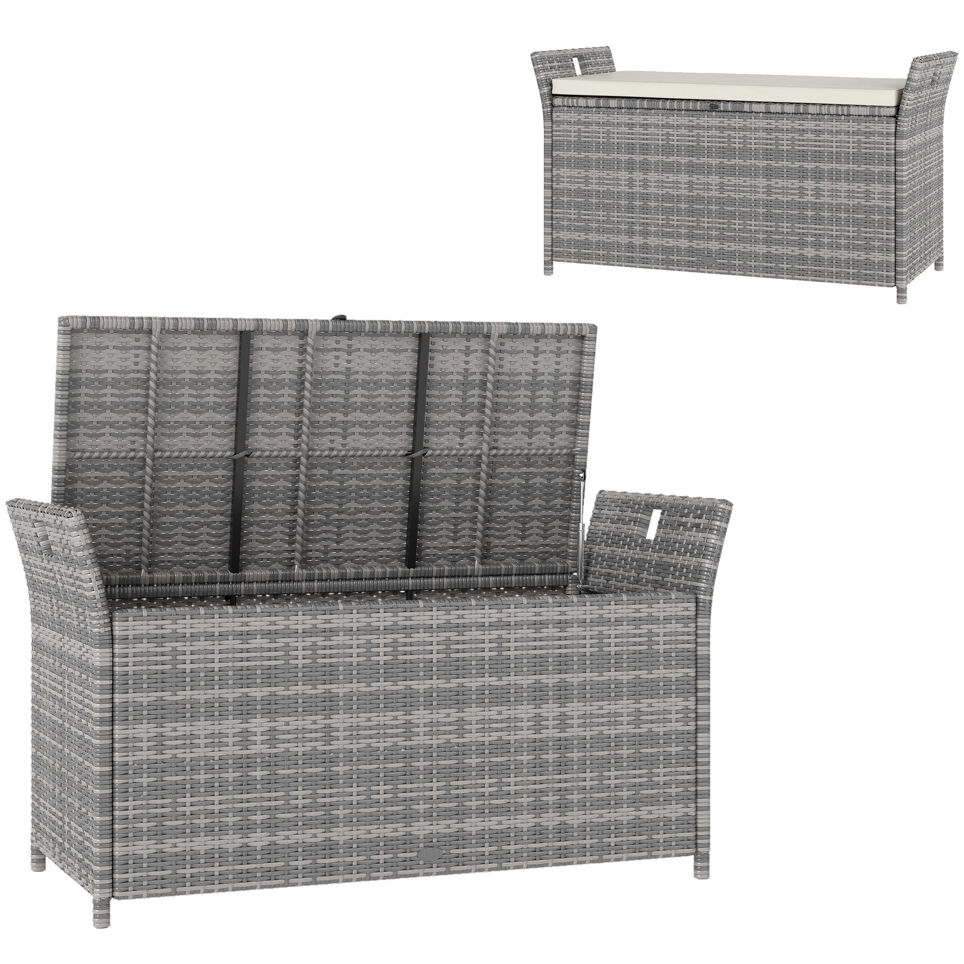 Outdoor Resin Wicker Storage Bench, 250L Storage Bench with Removable Cushion, for Garden, Balcony, Patio, 125 x 55 x 70 cm, Cream and Gray