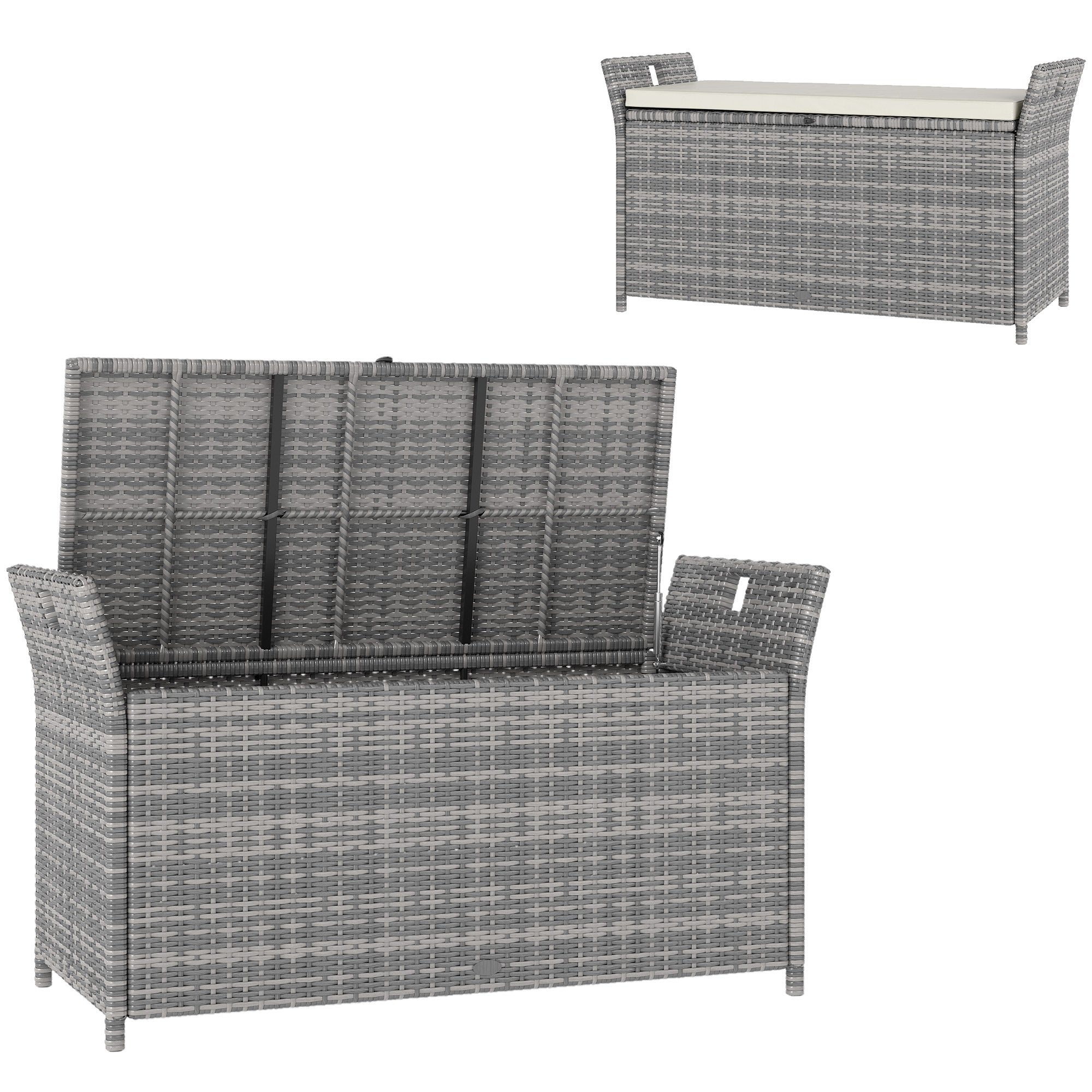 Outdoor Resin Wicker Storage Bench, 250L Storage Bench with Removable Cushion, for Garden, Balcony, Patio, 125 x 55 x 70 cm, Cream and Gray