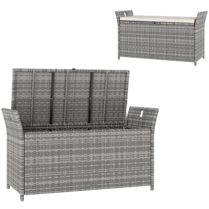 Outdoor Resin Wicker Storage Bench, 250L Storage Bench with Removable Cushion, for Garden, Balcony, Patio, 125 x 55 x 70 cm, Cream and Gray