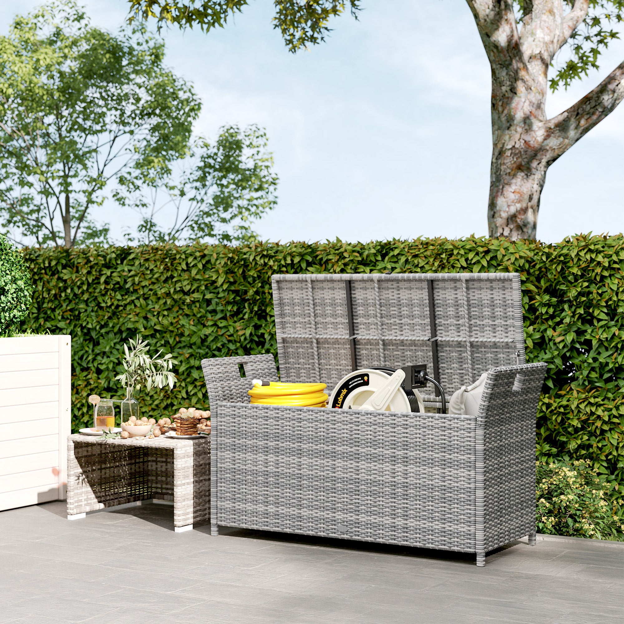 Outdoor Resin Wicker Storage Bench, 250L Storage Bench with Removable Cushion, for Garden, Balcony, Patio, 125 x 55 x 70 cm, Cream and Gray