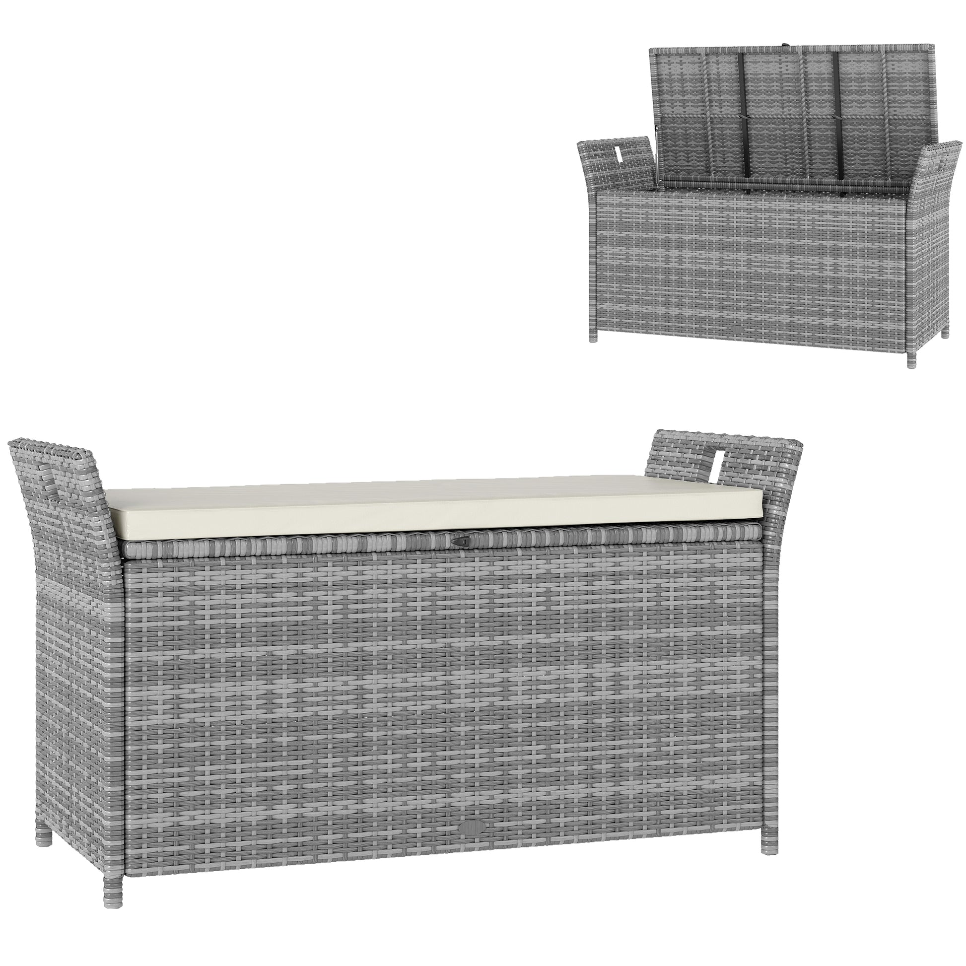 Outdoor Resin Wicker Storage Bench, 250L Storage Bench with Removable Cushion, for Garden, Balcony, Patio, 125 x 55 x 70 cm, Cream and Gray