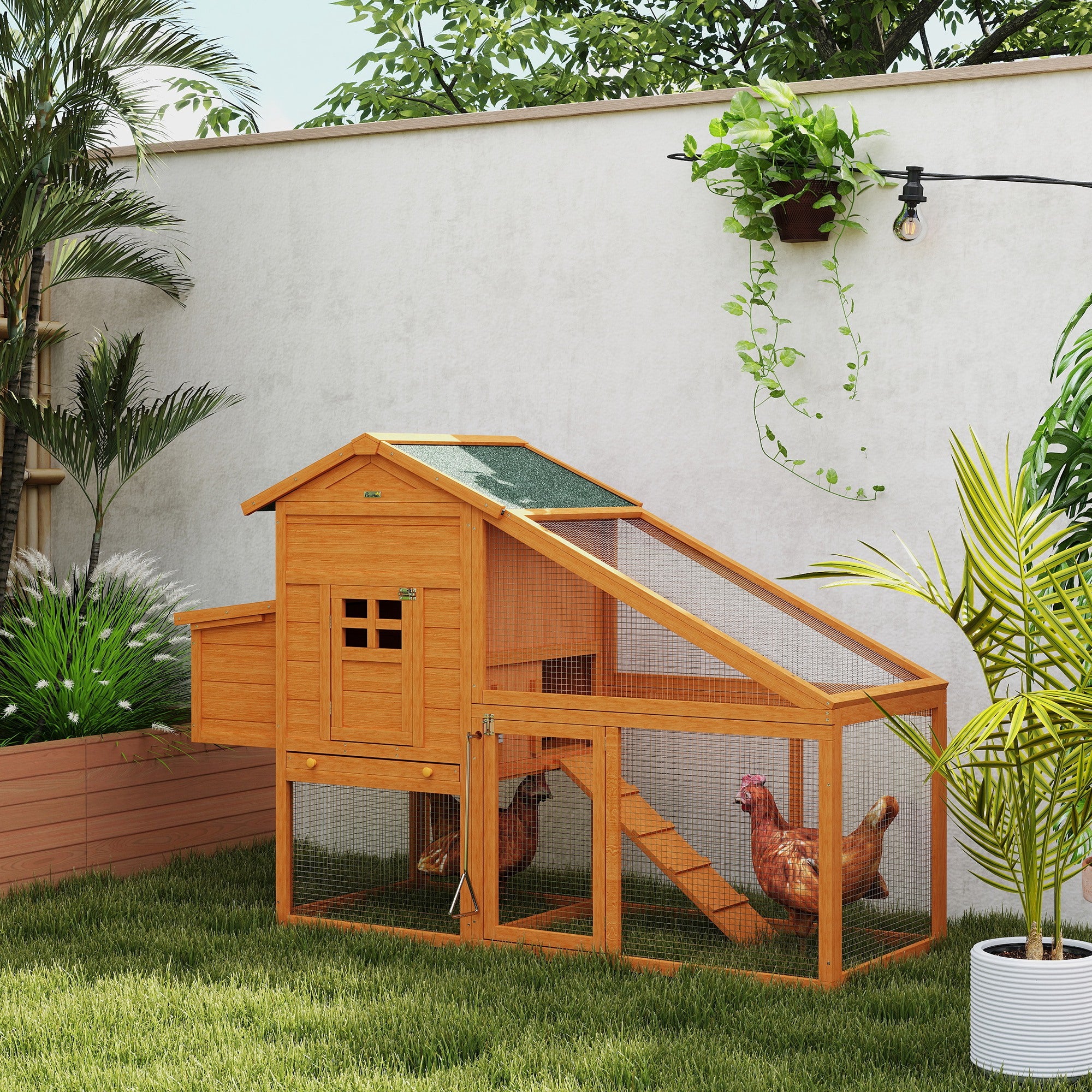 Garden Chicken Coop for 1-2 Chickens with Brooding Area, House, and Open Space, Chicken Coop in Fir Wood and Metal, 179x67x115 cm, Orange