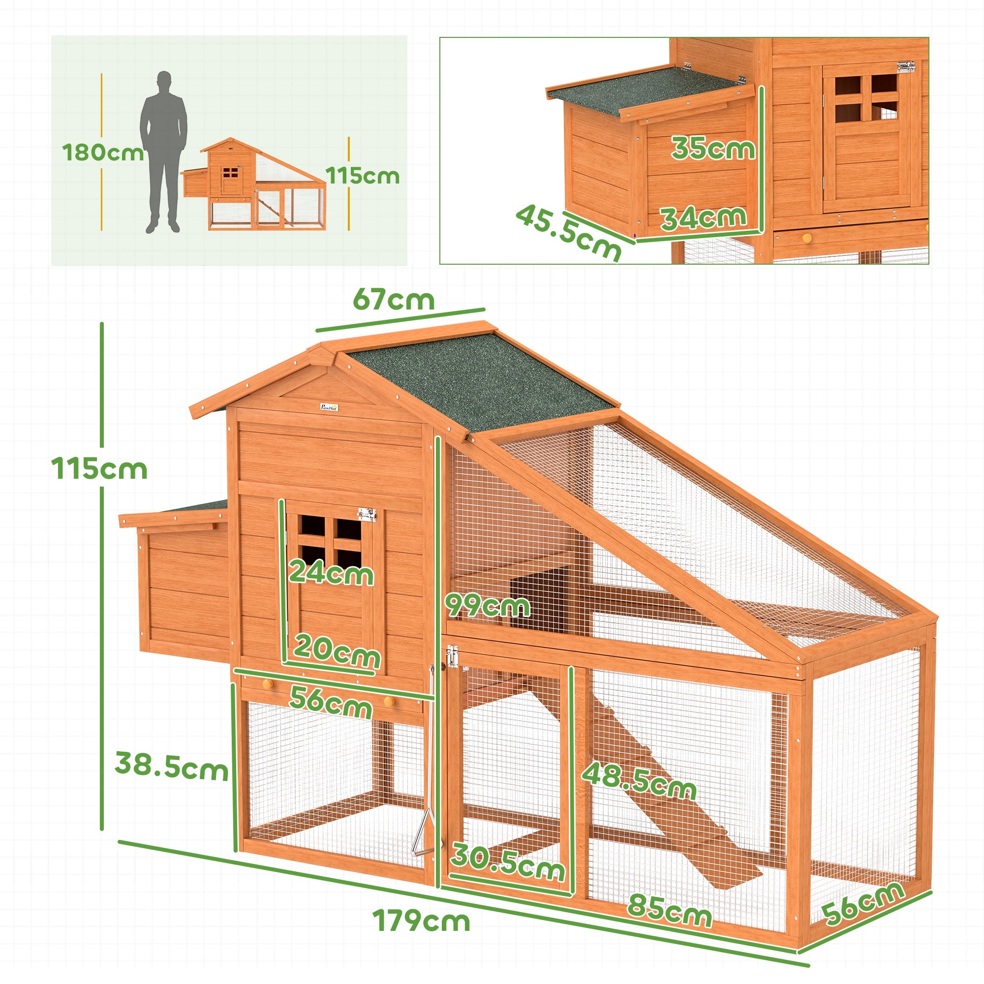 Garden Chicken Coop for 1-2 Chickens with Brooding Area, House, and Open Space, Chicken Coop in Fir Wood and Metal, 179x67x115 cm, Orange