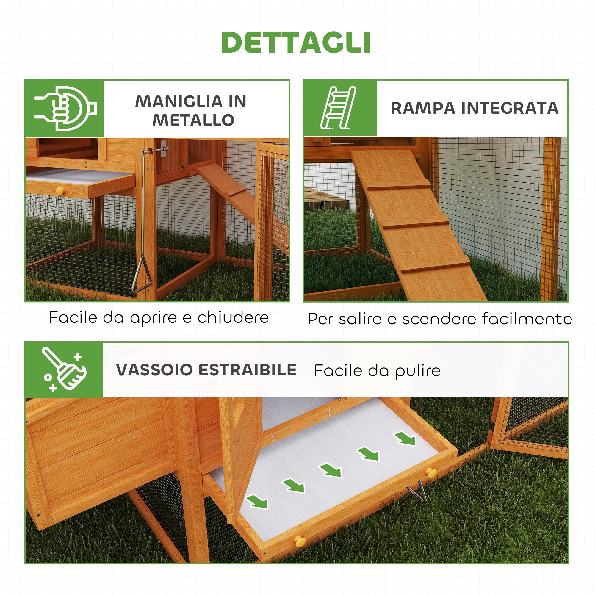 Garden Chicken Coop for 1-2 Chickens with Brooding Area, House, and Open Space, Chicken Coop in Fir Wood and Metal, 179x67x115 cm, Orange