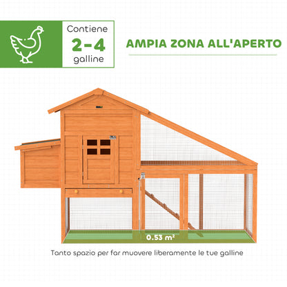 Garden Chicken Coop for 1-2 Chickens with Brooding Area, House, and Open Space, Chicken Coop in Fir Wood and Metal, 179x67x115 cm, Orange
