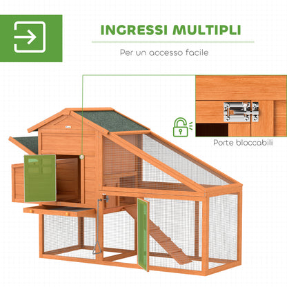 Garden Chicken Coop for 1-2 Chickens with Brooding Area, House, and Open Space, Chicken Coop in Fir Wood and Metal, 179x67x115 cm, Orange