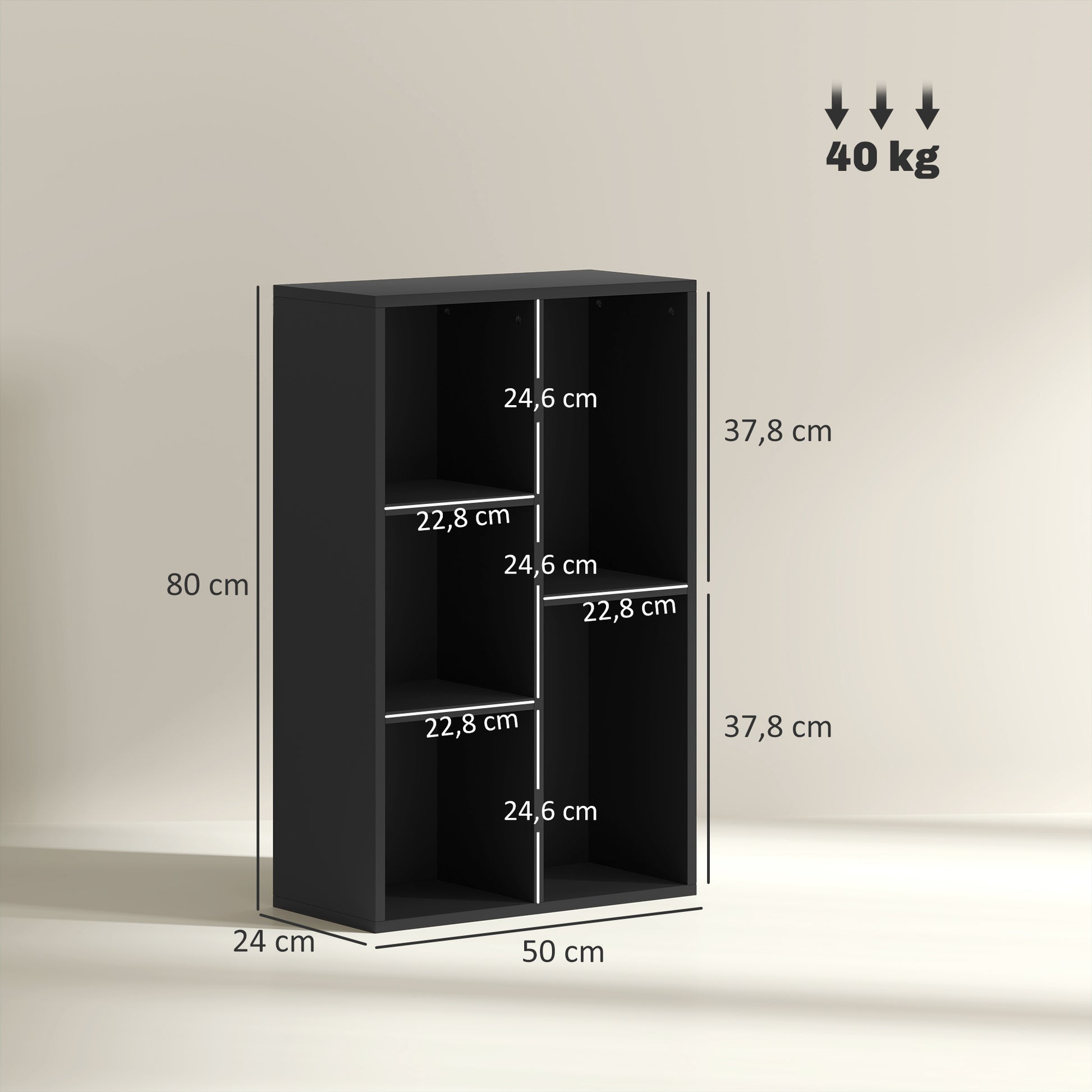 Bookshelf, 2-Tier Storage Shelf with 5 Compartments, for Living Room, Bedroom, Office, 50 x 24 x 80 cm, Black