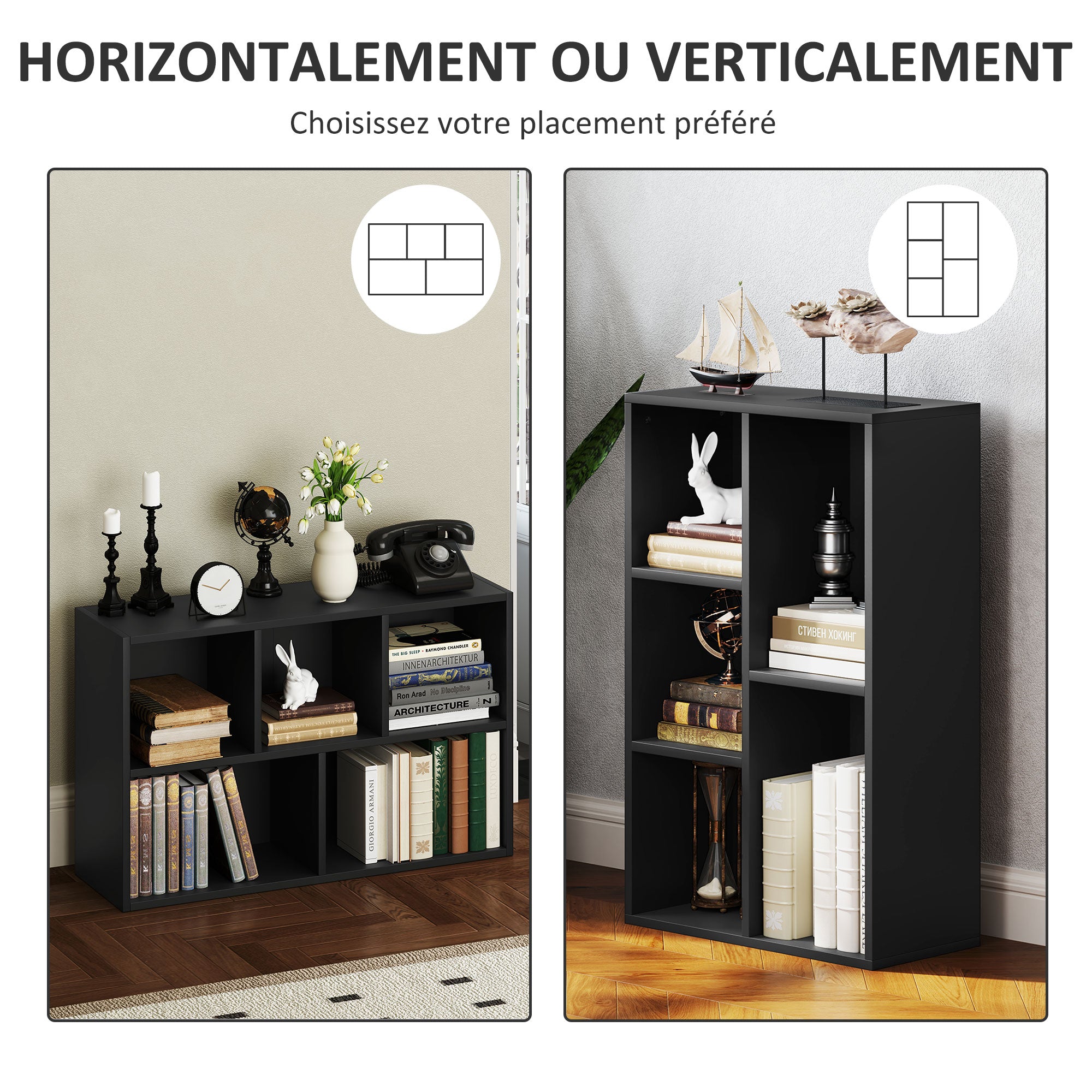 Bookshelf, 2-Tier Storage Shelf with 5 Compartments, for Living Room, Bedroom, Office, 50 x 24 x 80 cm, Black
