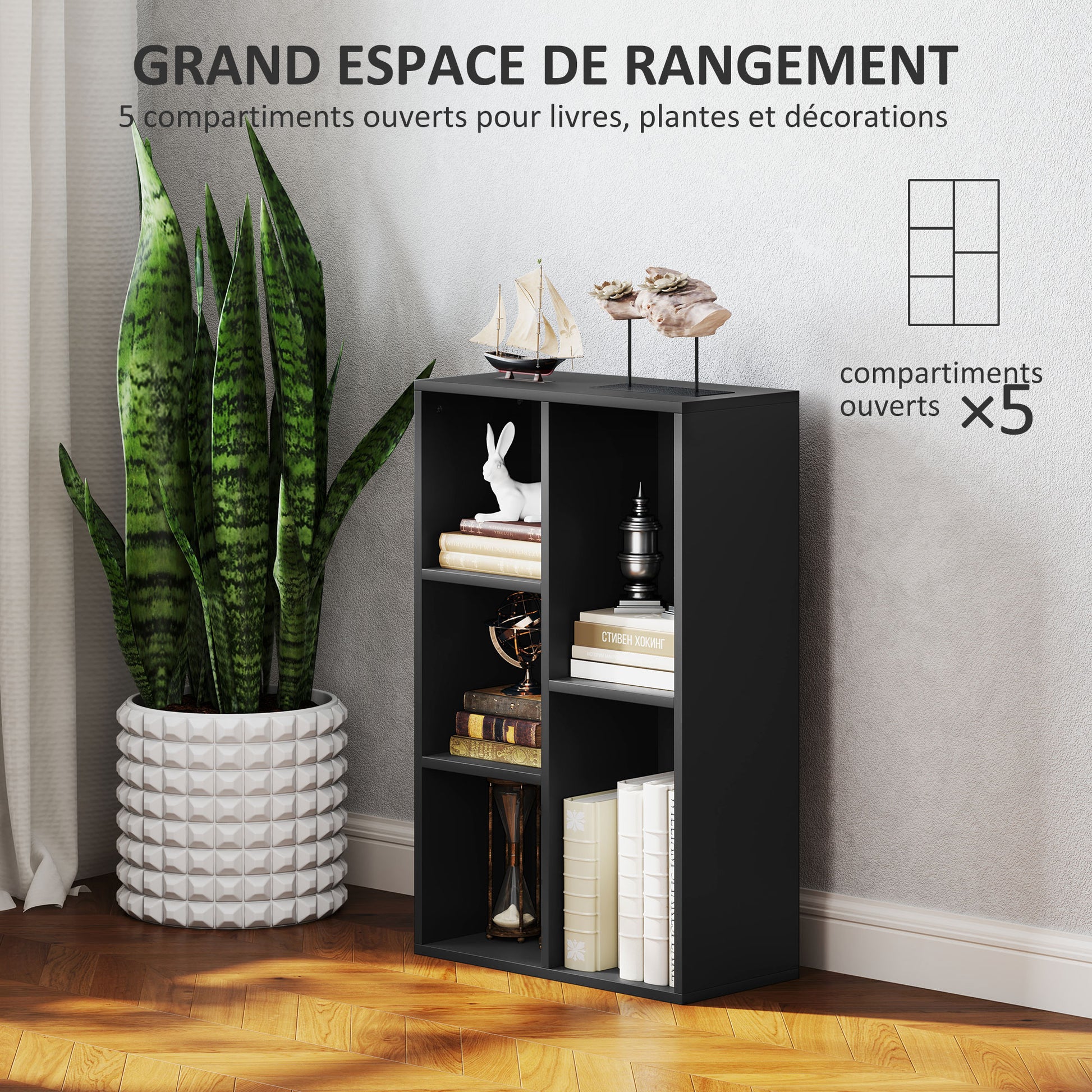Bookshelf, 2-Tier Storage Shelf with 5 Compartments, for Living Room, Bedroom, Office, 50 x 24 x 80 cm, Black